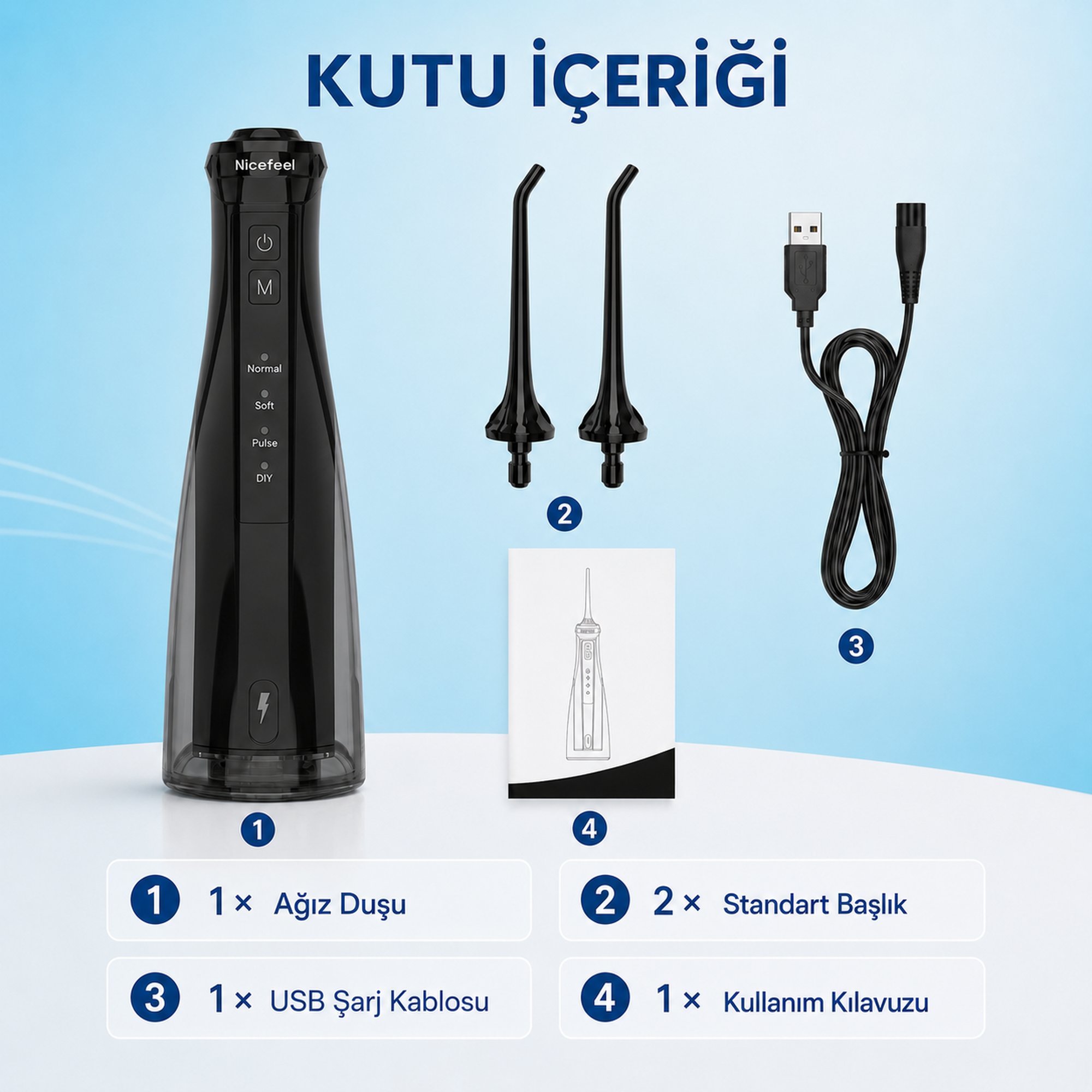  NPO Nicefeel FC5610 Şarjlı Taşınabilir Ağız Duşu 4 Modlu 280 ml IPX7 Diş Teli ve Protez Bakımı Siyah  