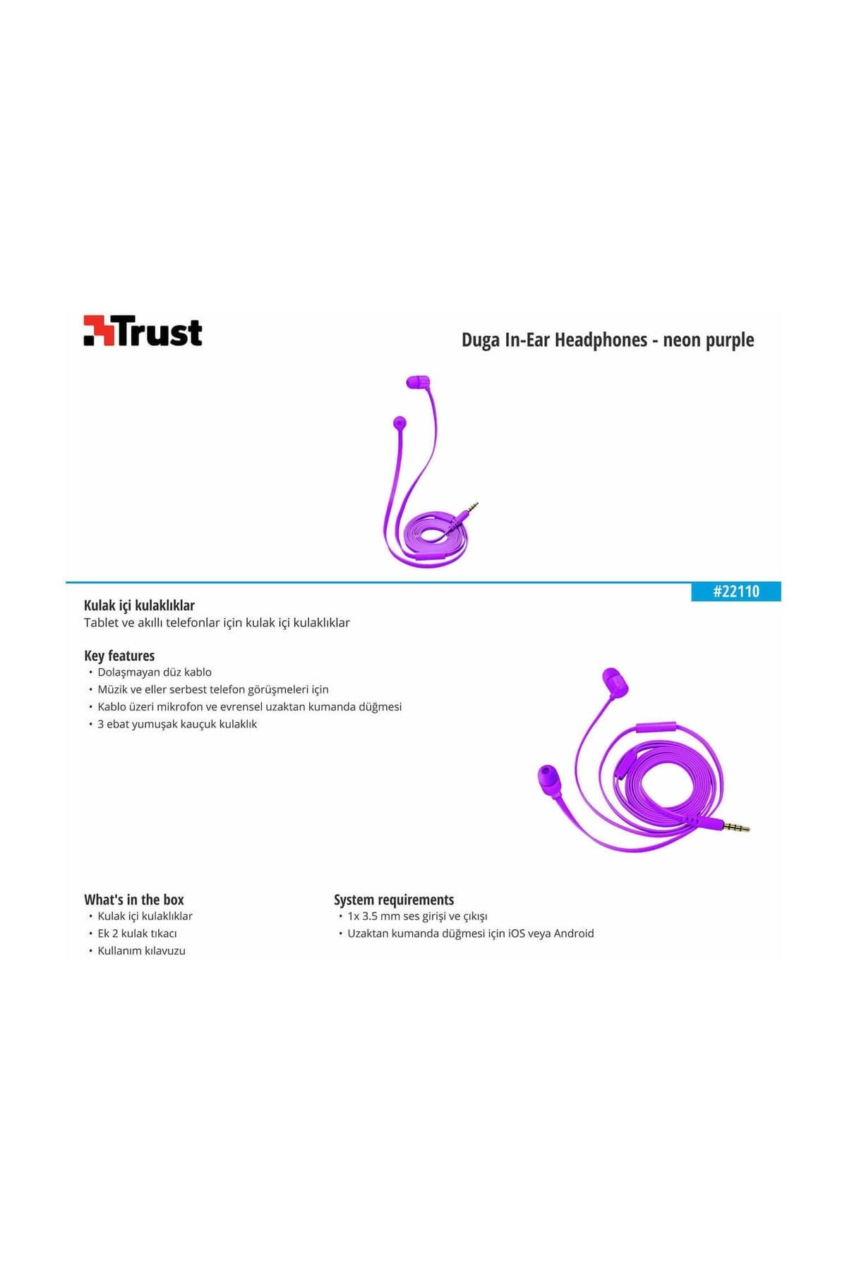 22110 Duga Neon Mor Mikrofonlu Kulakiçi Kulaklık