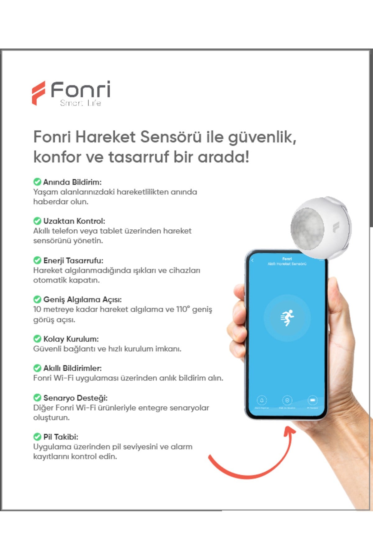 Akıllı Hareket Sensörü, Google Asistan, Siri Destekli, Uzaktan Kontrol, Tuya Destekli