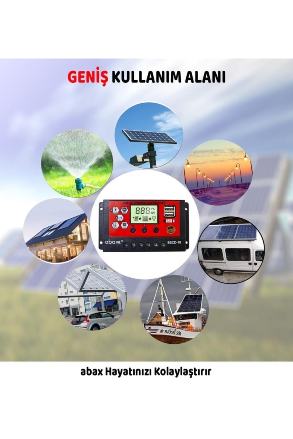 Bscd10 2a'lik Çift Usb Çıkışlı 12/24vdc 10a Pwm Geniş Lcd Ekran Solar Şarj Kontrol Cihazı