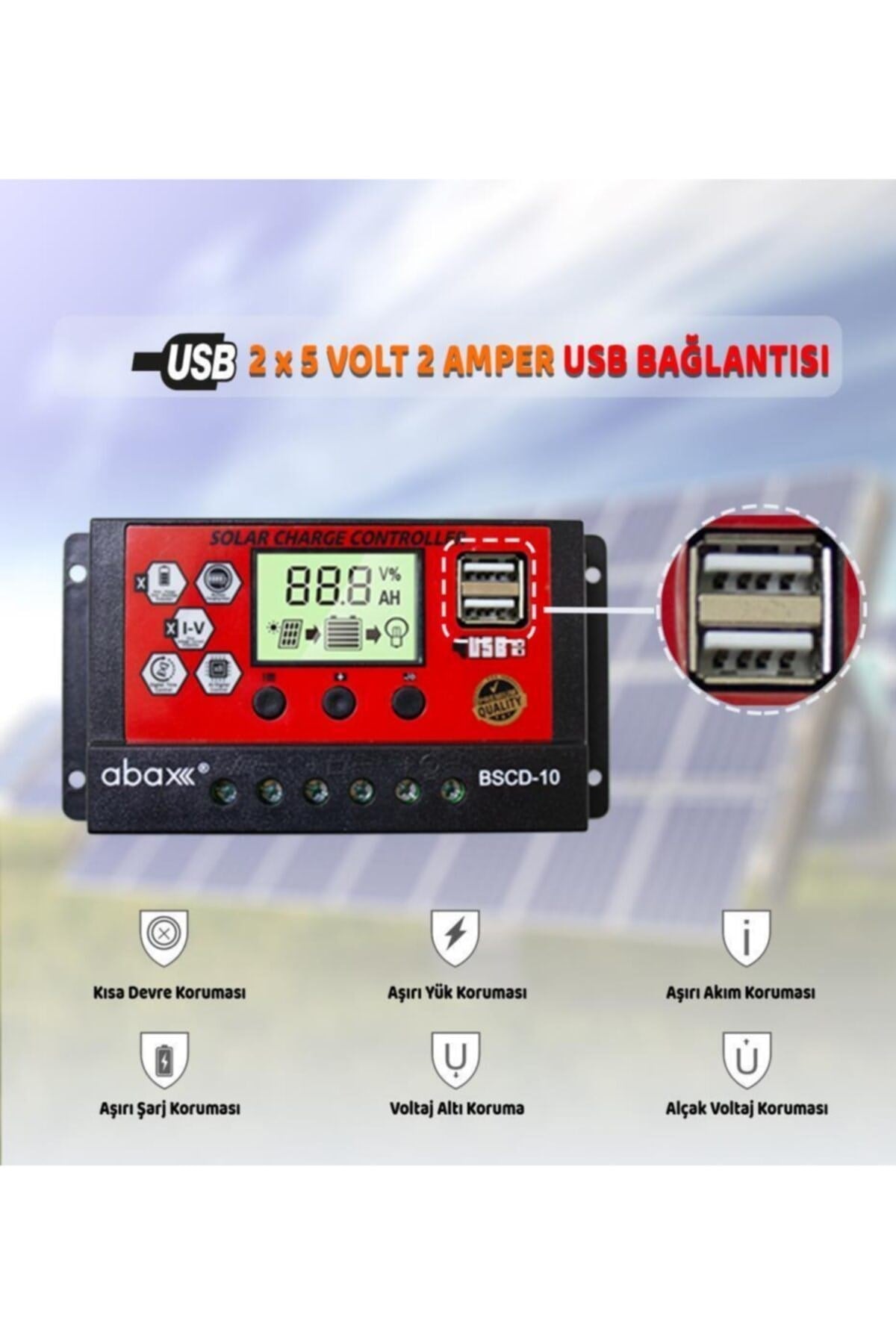 Bscd10 2a'lik Çift Usb Çıkışlı 12/24vdc 10a Pwm Geniş Lcd Ekran Solar Şarj Kontrol Cihazı