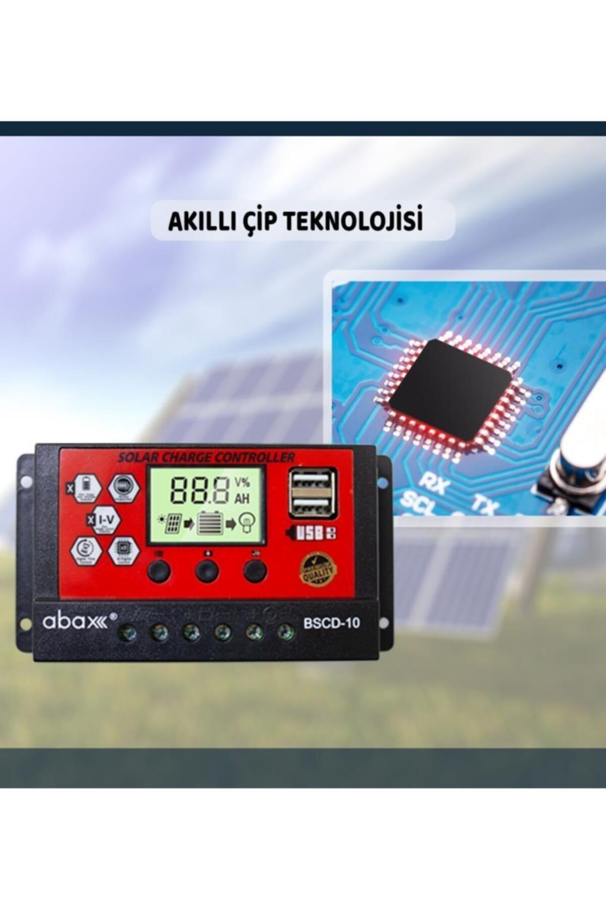 Bscd10 2a'lik Çift Usb Çıkışlı 12/24vdc 10a Pwm Geniş Lcd Ekran Solar Şarj Kontrol Cihazı