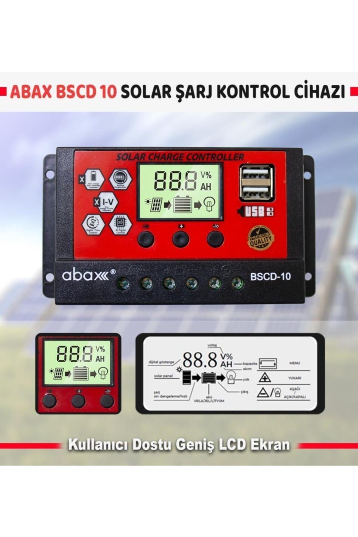 Bscd10 2a'lik Çift Usb Çıkışlı 12/24vdc 10a Pwm Geniş Lcd Ekran Solar Şarj Kontrol Cihazı