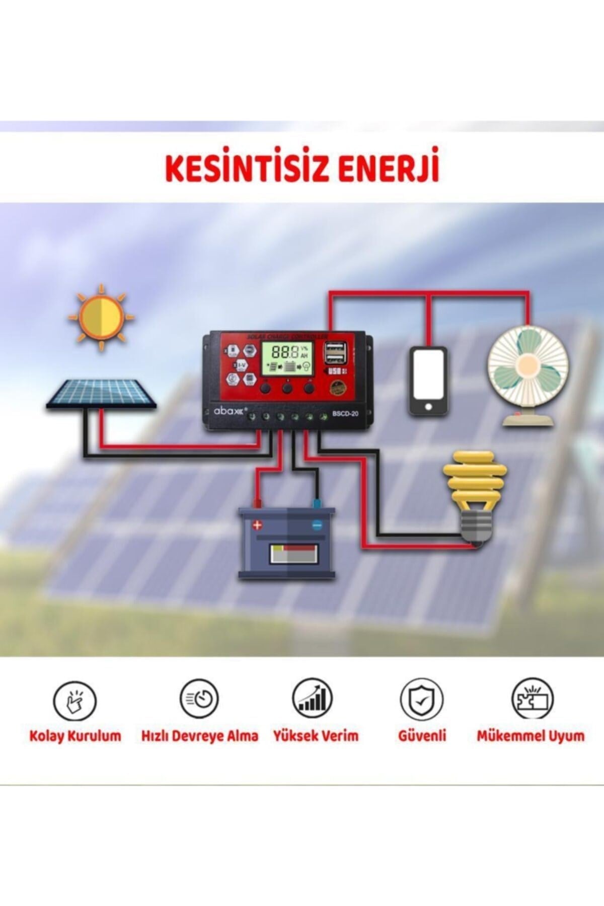 Bscd20 2a'lik Çift Usb Çıkışlı 12/24vdc 20a Pwm Geniş Lcd Ekran Solar Şarj Kontrol Cihazı