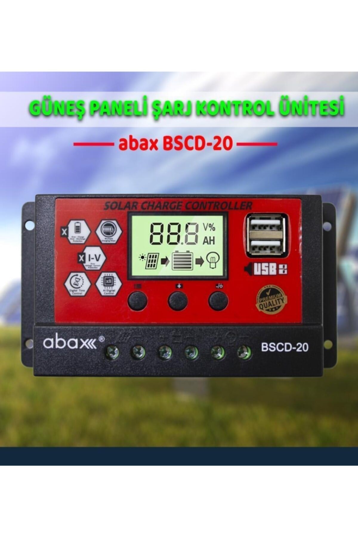 Bscd20 2a'lik Çift Usb Çıkışlı 12/24vdc 20a Pwm Geniş Lcd Ekran Solar Şarj Kontrol Cihazı
