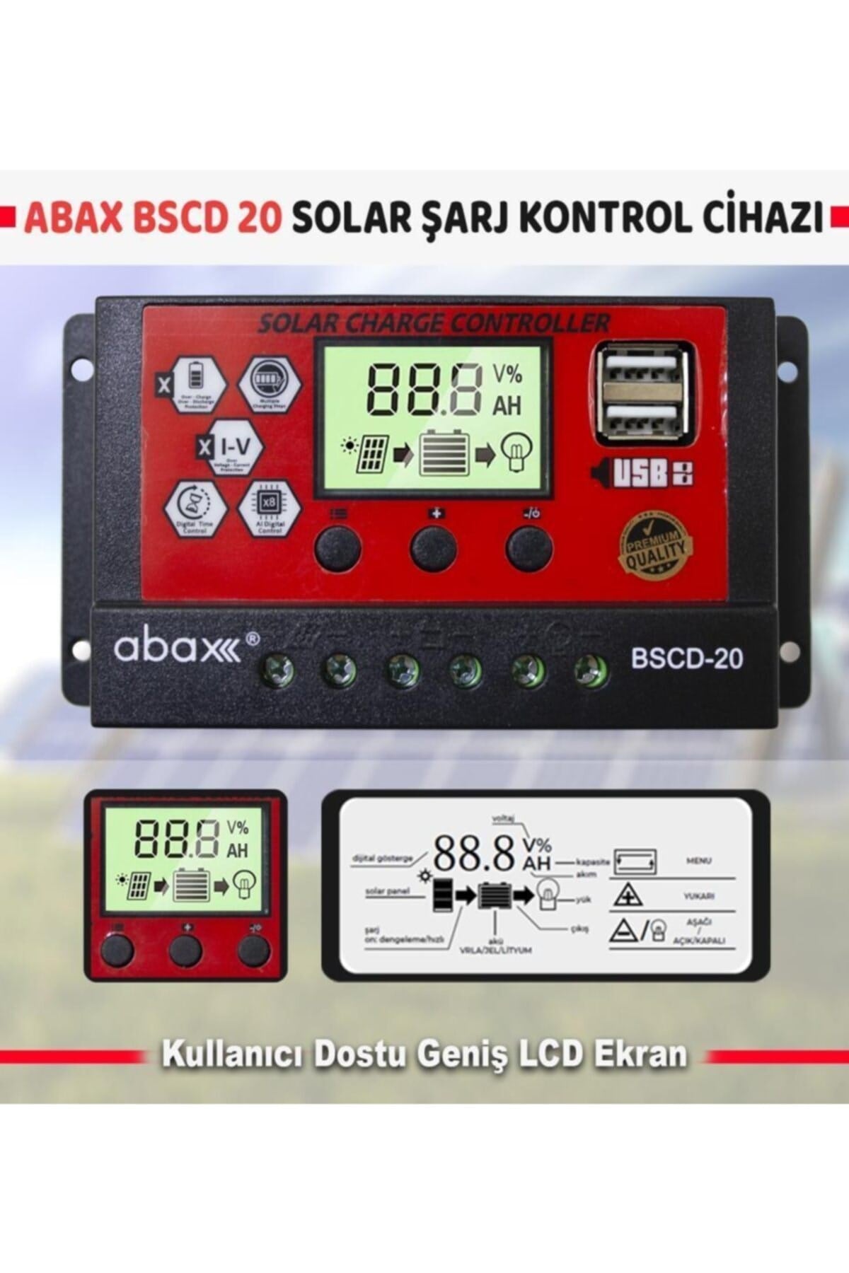 Bscd20 2a'lik Çift Usb Çıkışlı 12/24vdc 20a Pwm Geniş Lcd Ekran Solar Şarj Kontrol Cihazı