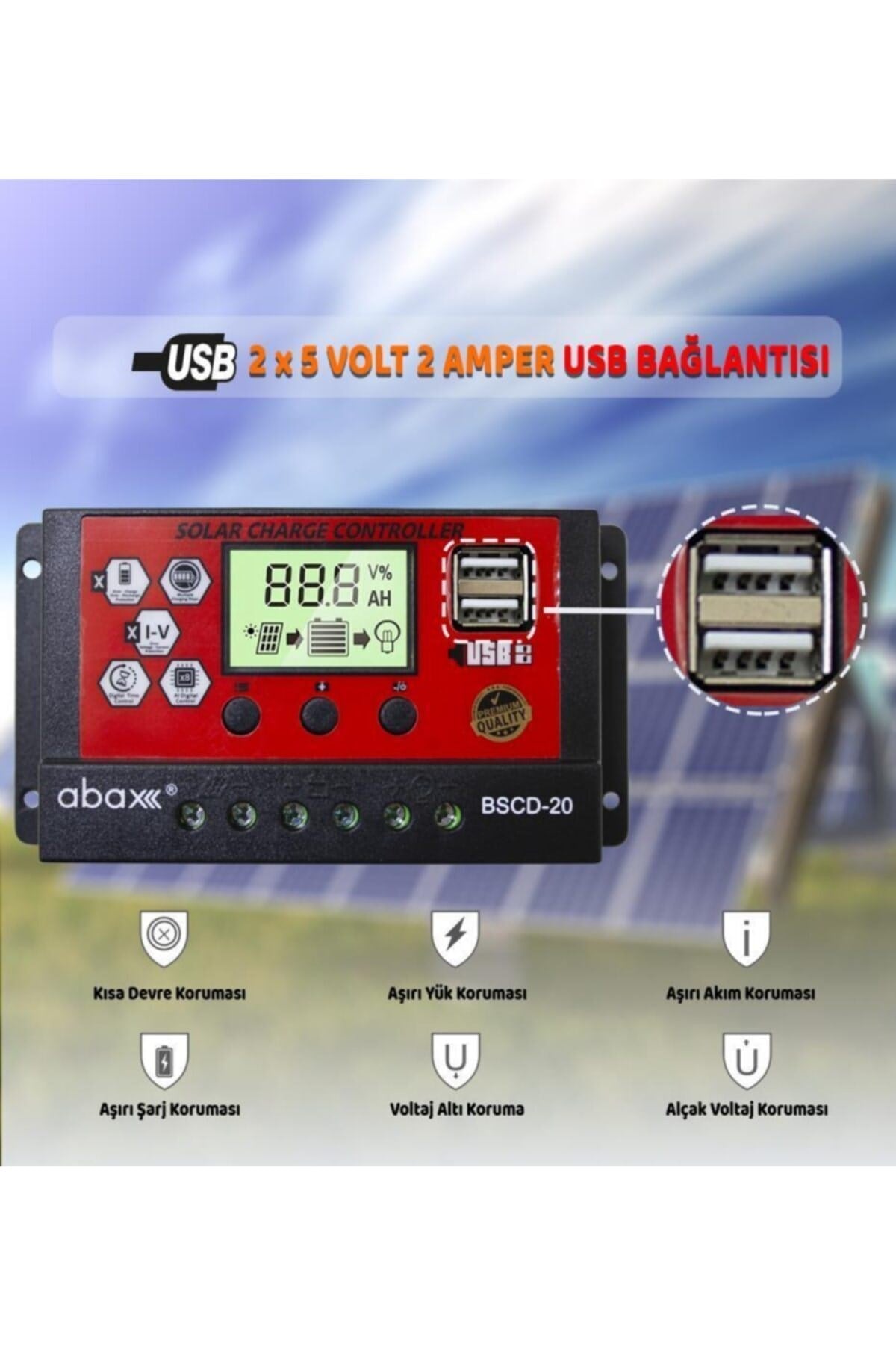 Bscd20 2a'lik Çift Usb Çıkışlı 12/24vdc 20a Pwm Geniş Lcd Ekran Solar Şarj Kontrol Cihazı