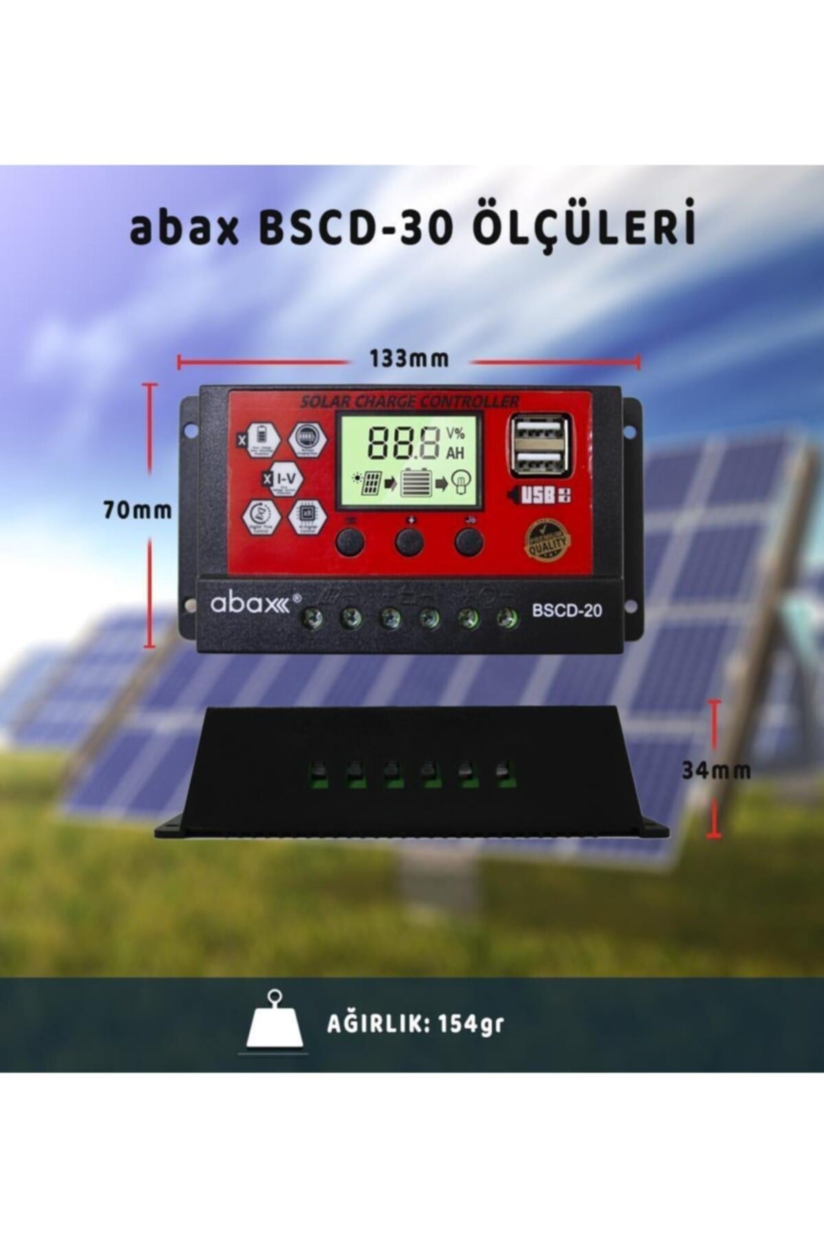 Bscd20 2a'lik Çift Usb Çıkışlı 12/24vdc 20a Pwm Geniş Lcd Ekran Solar Şarj Kontrol Cihazı
