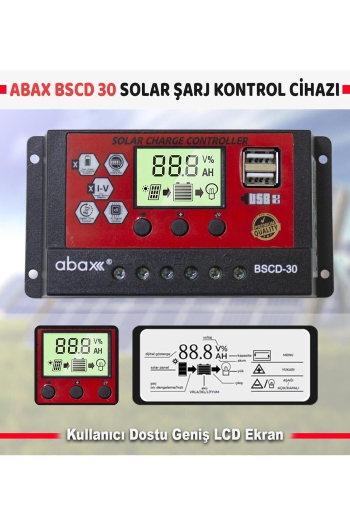 Bscd30 2a'lik Çift Usb Çıkışlı 12/24vdc 30a Pwm Geniş Lcd Ekran Solar Şarj Kontrol Cihazı