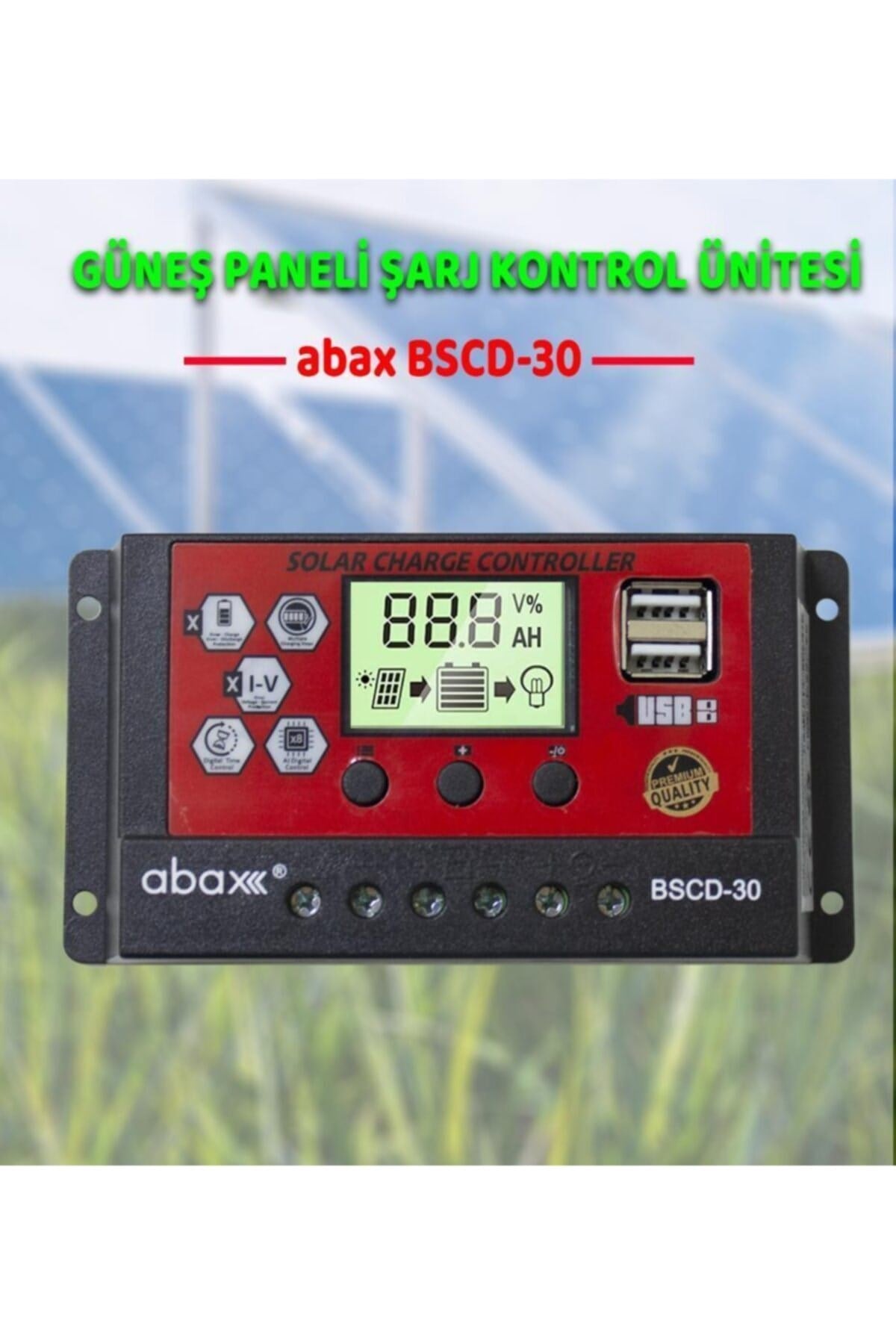 Bscd30 2a'lik Çift Usb Çıkışlı 12/24vdc 30a Pwm Geniş Lcd Ekran Solar Şarj Kontrol Cihazı