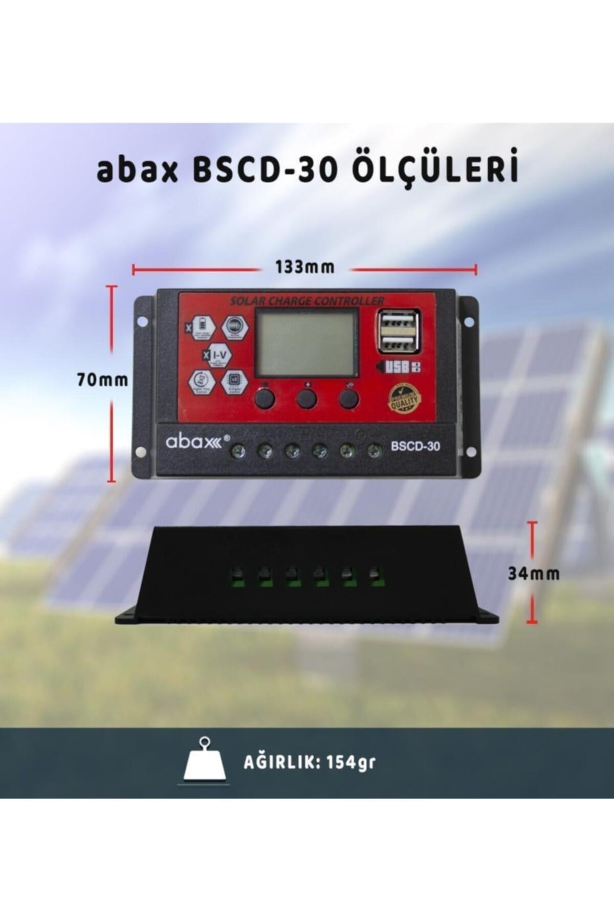 Bscd30 2a'lik Çift Usb Çıkışlı 12/24vdc 30a Pwm Geniş Lcd Ekran Solar Şarj Kontrol Cihazı