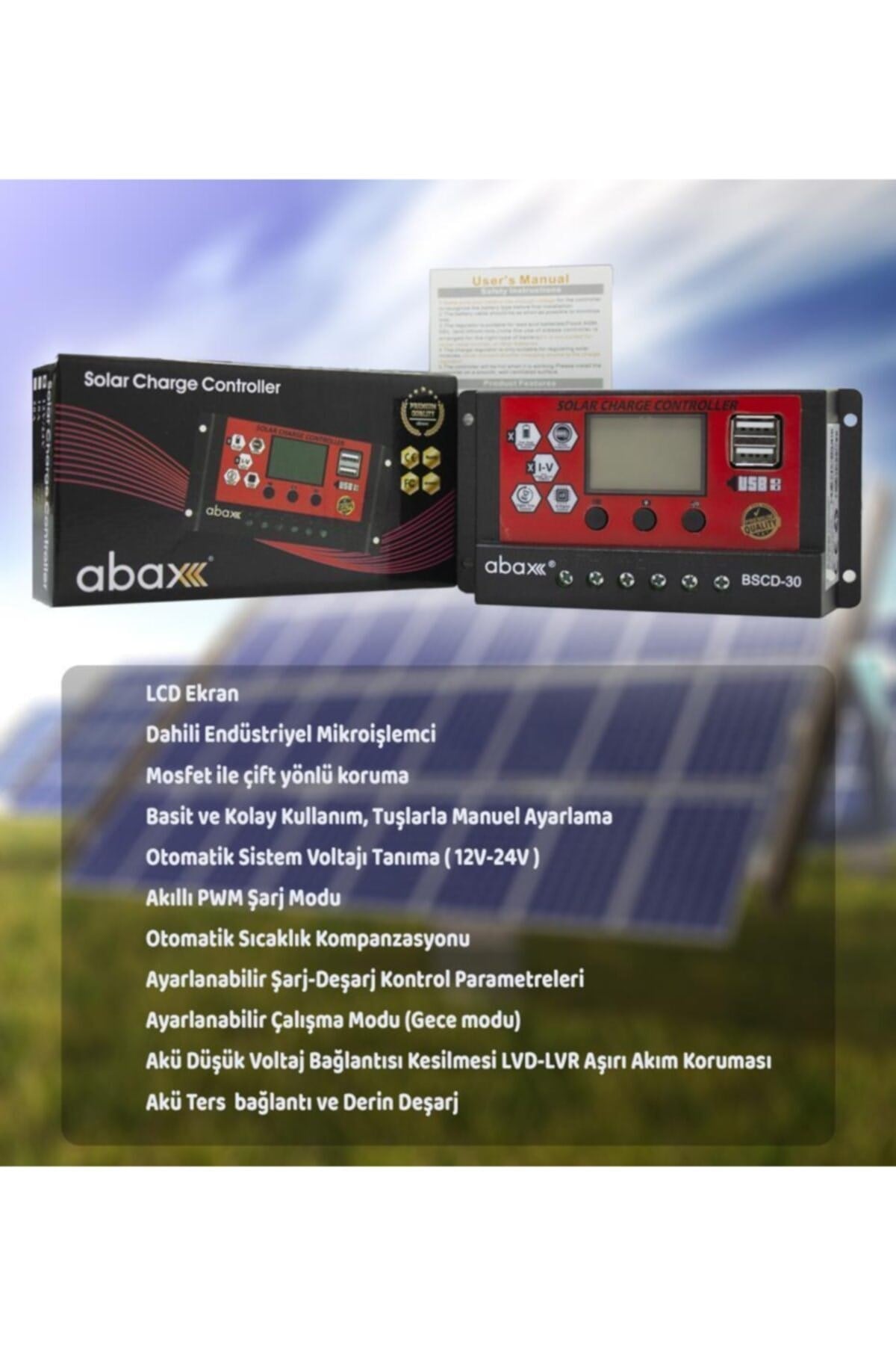 Bscd30 2a'lik Çift Usb Çıkışlı 12/24vdc 30a Pwm Geniş Lcd Ekran Solar Şarj Kontrol Cihazı