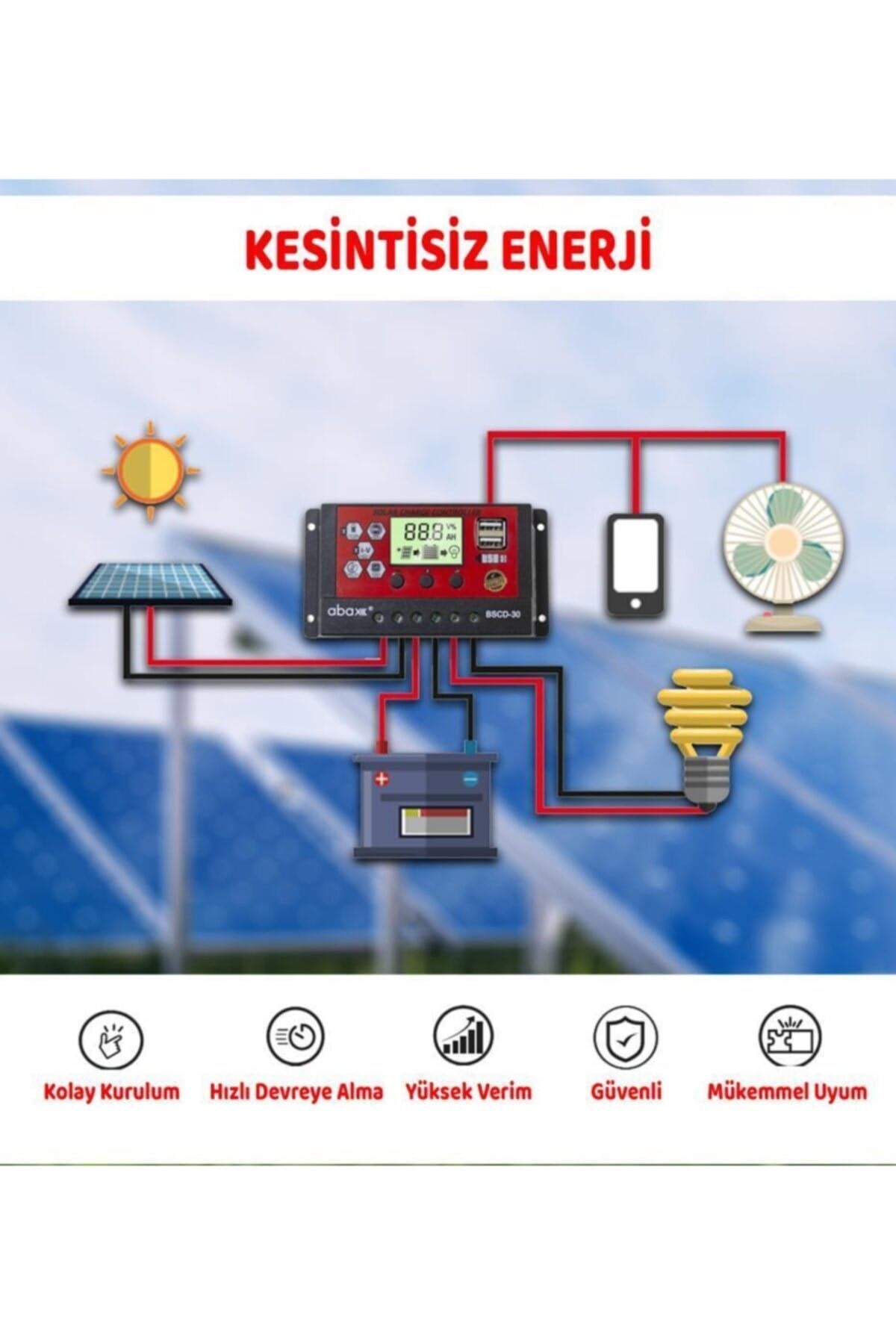 Bscd30 2a'lik Çift Usb Çıkışlı 12/24vdc 30a Pwm Geniş Lcd Ekran Solar Şarj Kontrol Cihazı