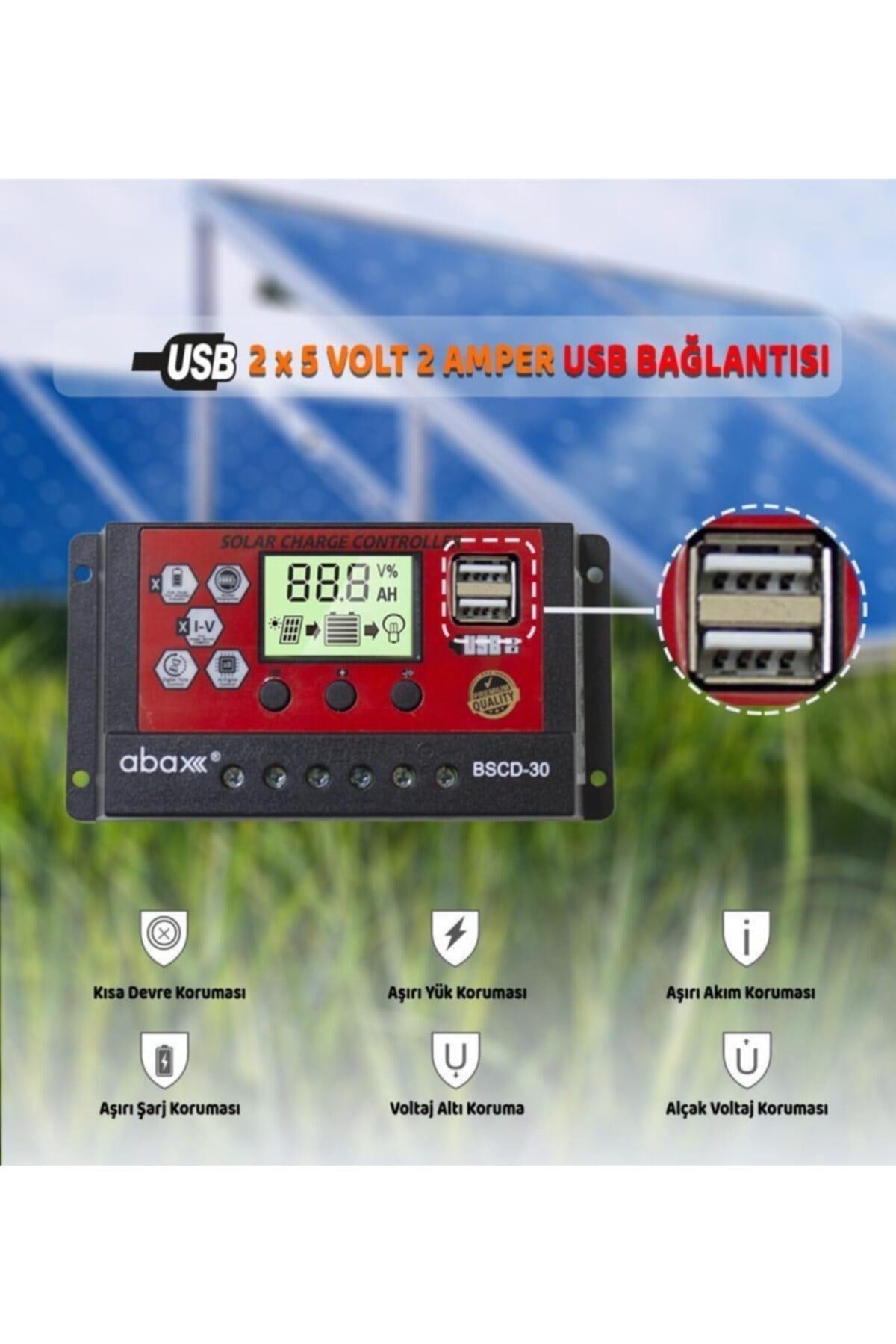 Bscd30 2a'lik Çift Usb Çıkışlı 12/24vdc 30a Pwm Geniş Lcd Ekran Solar Şarj Kontrol Cihazı