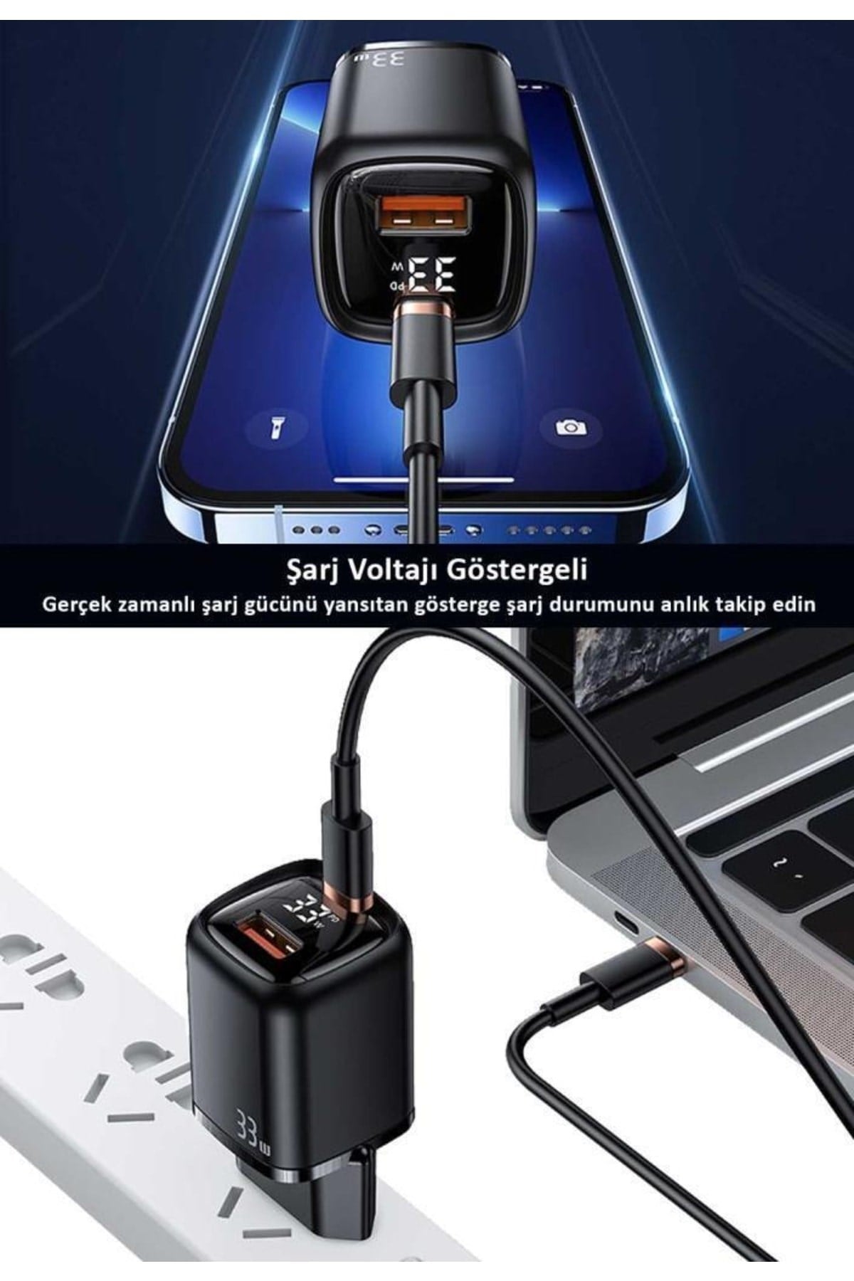 Cc152w T46 33w Type-c + Type-a Dijital Göstergeli Hızlı Şarj Başlığı Beyaz