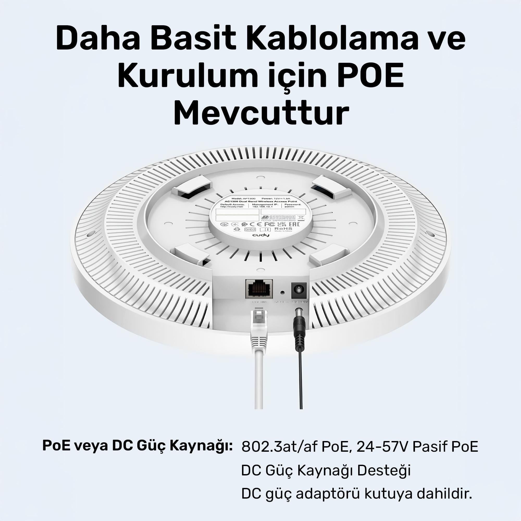 Cudy AP1200 1 Portlu 10/100Mbps AC1200 2 Anten Tavan Access Point