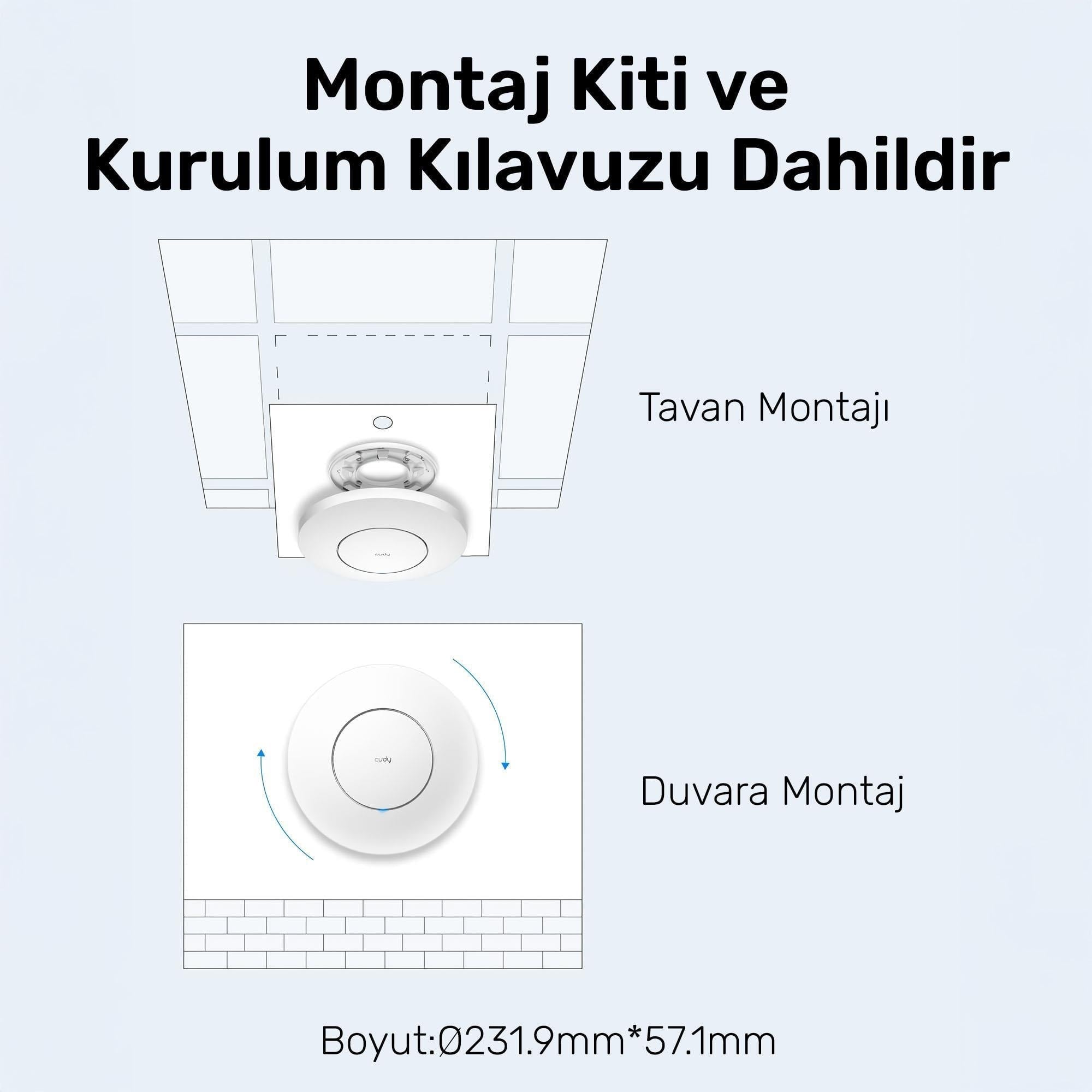 Cudy AP1200 1 Portlu 10/100Mbps AC1200 2 Anten Tavan Access Point