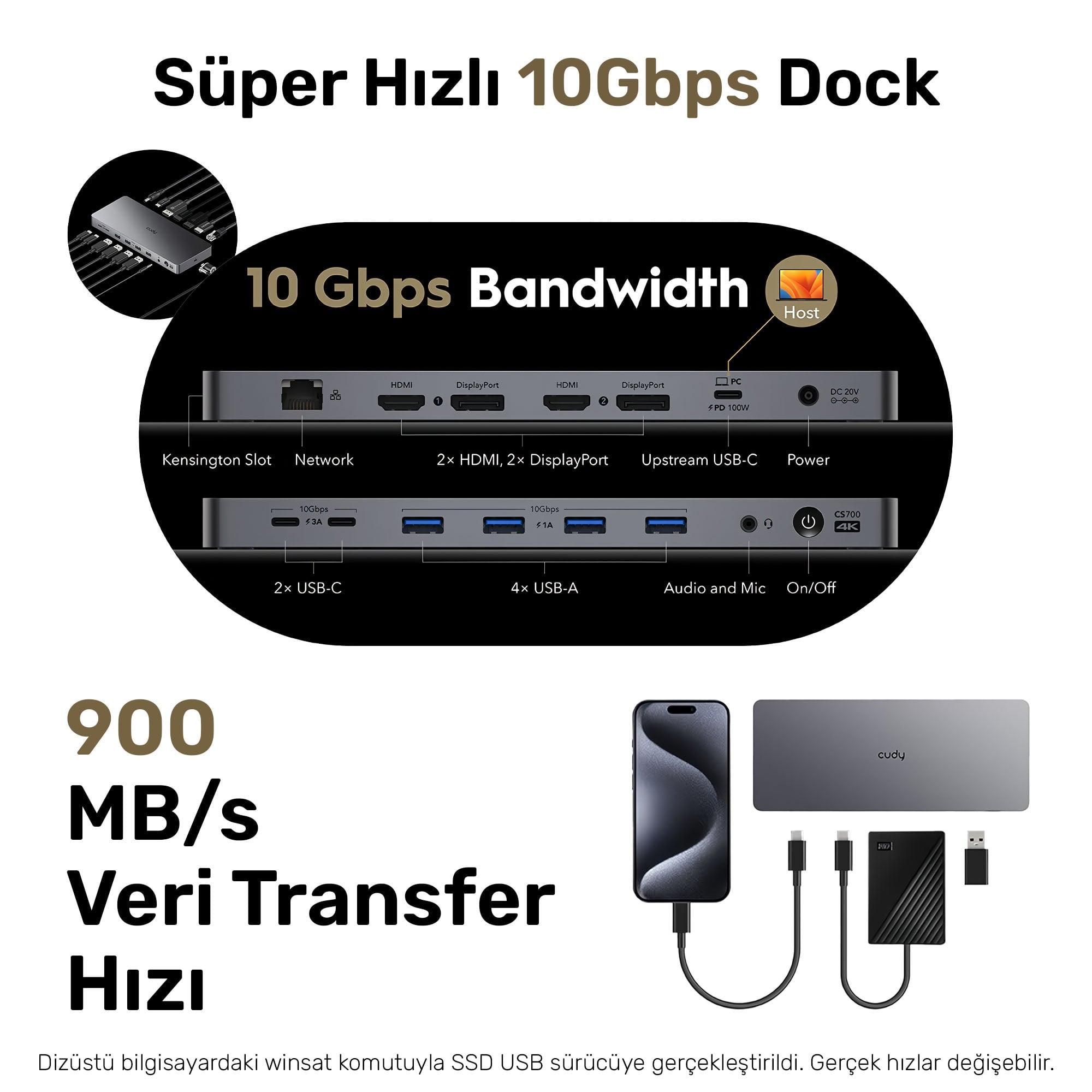Cudy CS700 Dual 4K 2xHDMI 2xDisplayPort 2xUSB-C(10Gbps) 4xUSB-A 1xGigabit 100W PD Dock İstasyonu