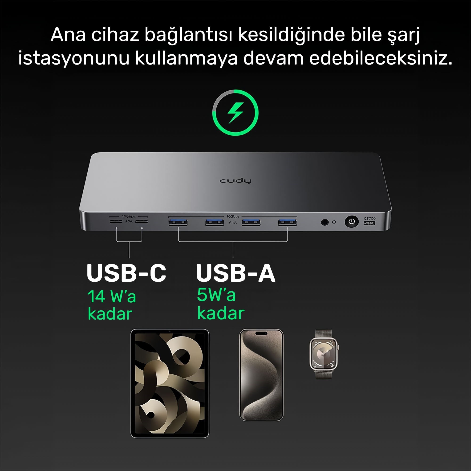 Cudy CS700 Dual 4K 2xHDMI 2xDisplayPort 2xUSB-C(10Gbps) 4xUSB-A 1xGigabit 100W PD Dock İstasyonu