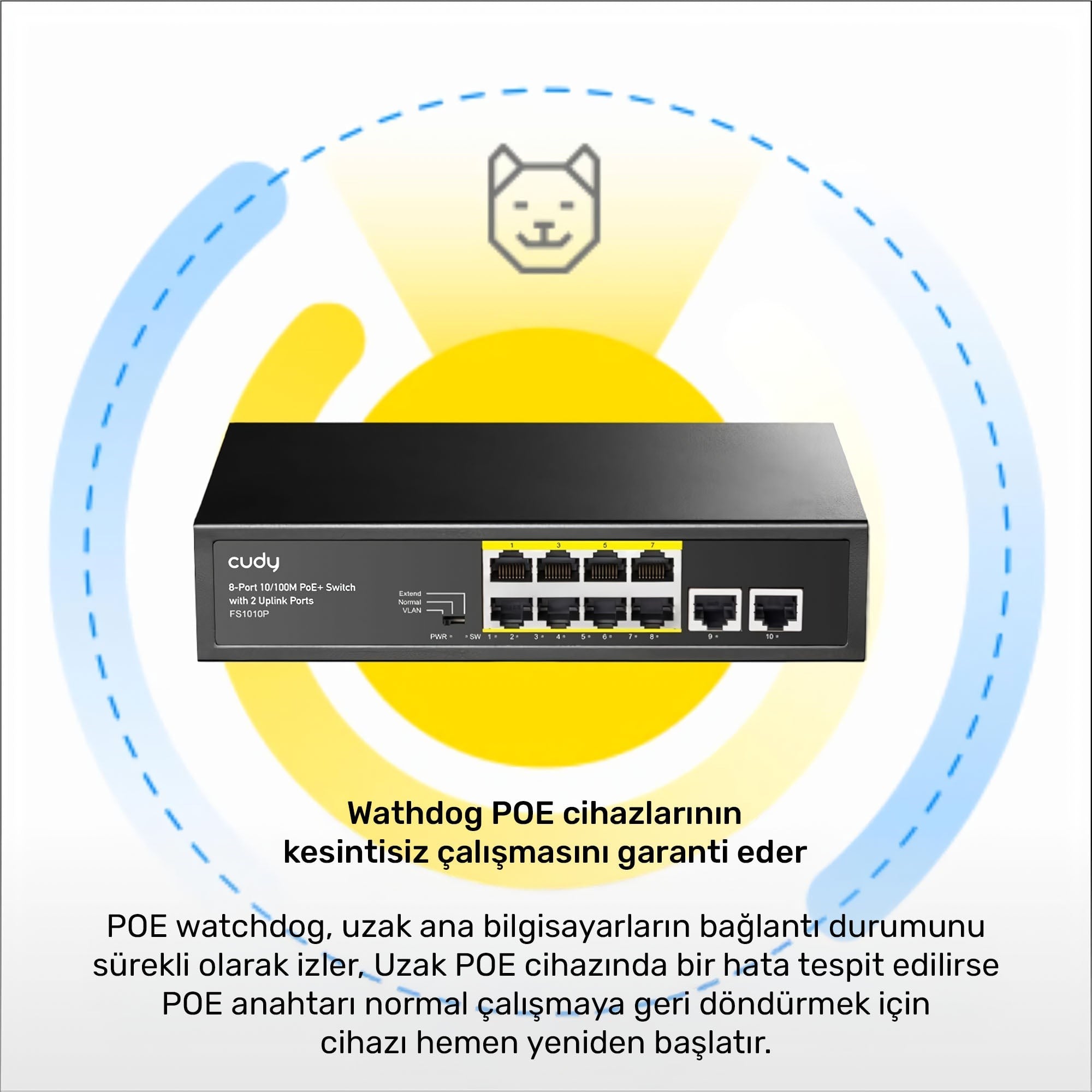 Cudy FS1010P 8 Port 10/100Mbps 120W PoE+, 2 Uplink Portlu VLAN CCTV Rack Mount Metal Switch