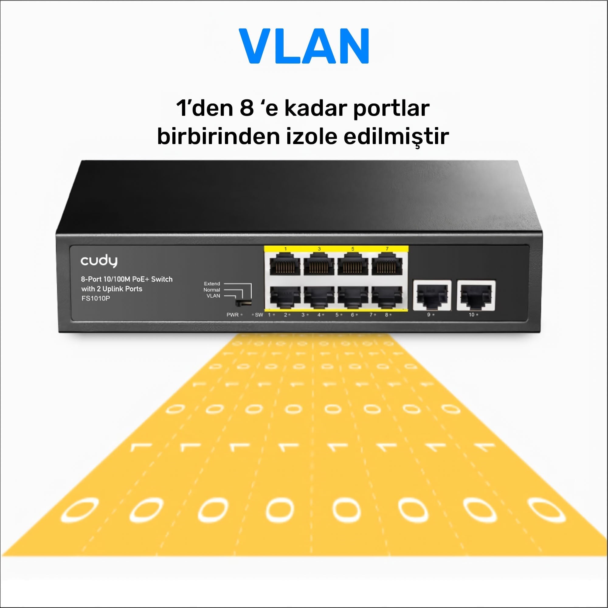 Cudy FS1010P 8 Port 10/100Mbps 120W PoE+, 2 Uplink Portlu VLAN CCTV Rack Mount Metal Switch