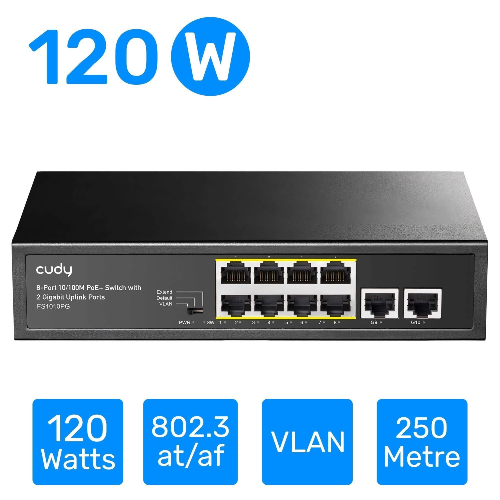 Cudy FS1010PG 8 Port 10/100Mbps PoE+ 120W PoE, 2 Uplink Portlu VLAN CCTV Rack Mount Metal Switch
