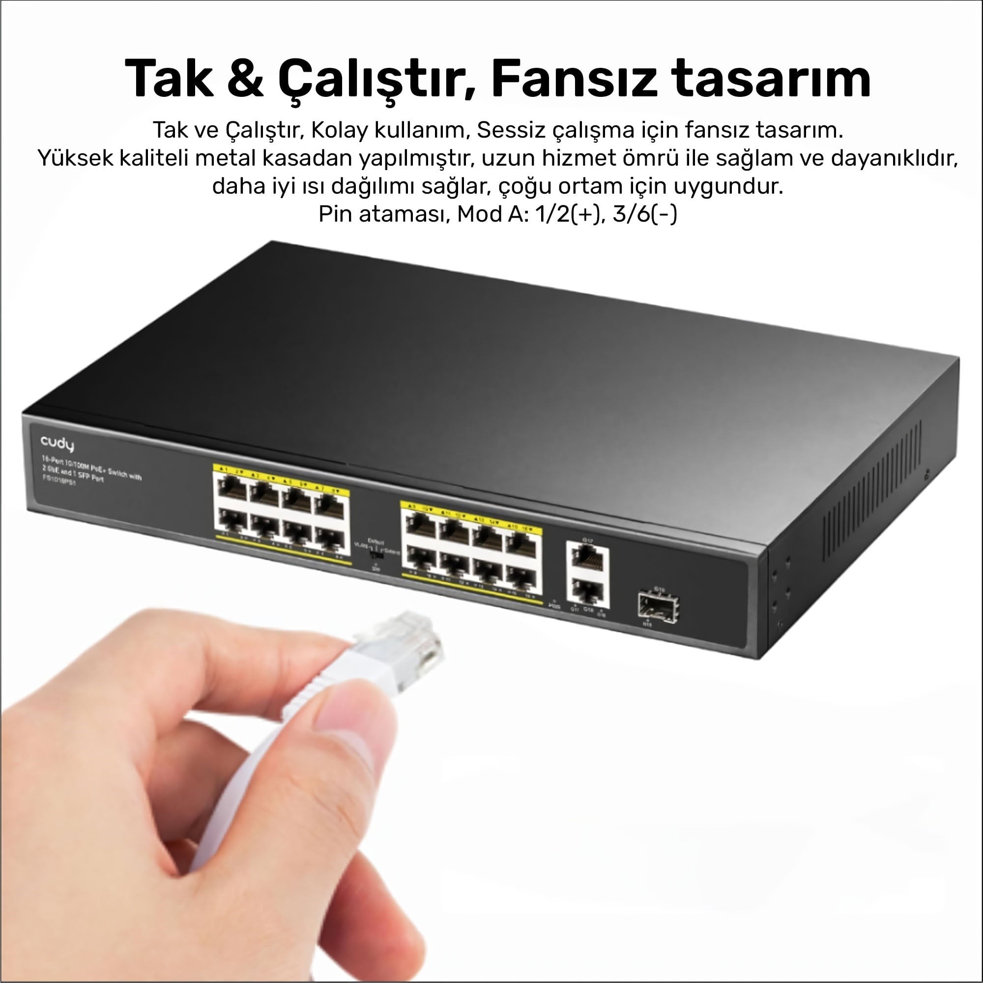 Cudy FS1018PS1 16 Port 10/100Mbps 200W PoE+,2 Gigabit Uplink Portlu, SFP VLAN CCTV SFP Switch