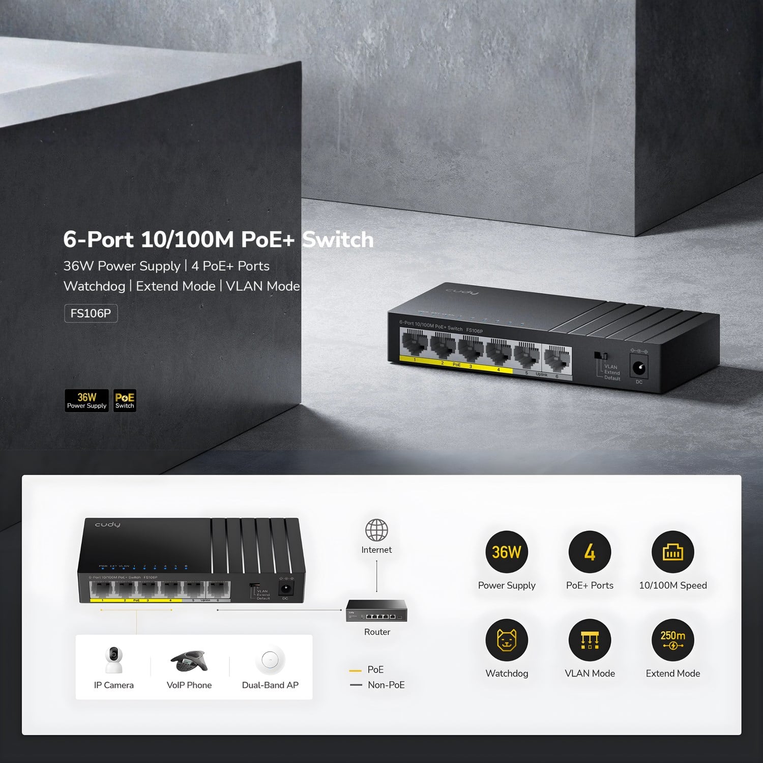 Cudy FS106P 6 Port 10/100Mbps 36W PoE+ Megabit Fast Ethernet Switch