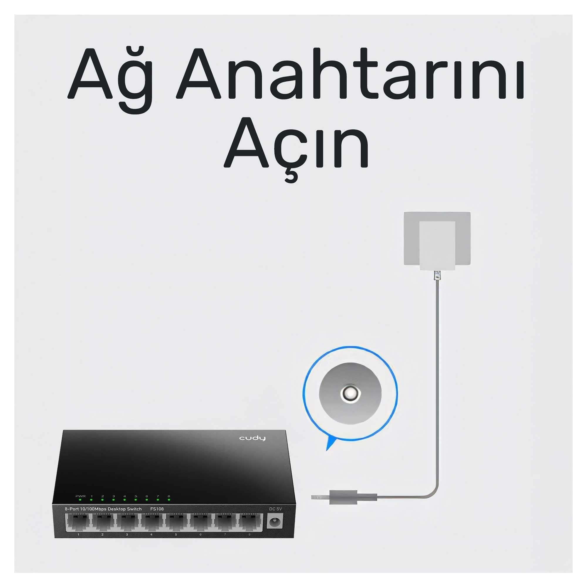 Cudy FS108 8Port 10/100Mbps Duvar Montajlı Metal Masaüstü Switch