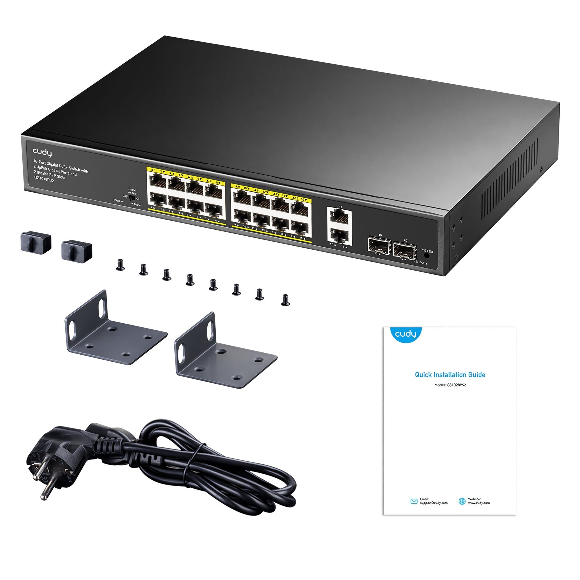 Cudy GS1018PS2 16Port 10/100Mbps Gigabit PoE 2Port Gigabit 200W Metal Masaüstü Switch
