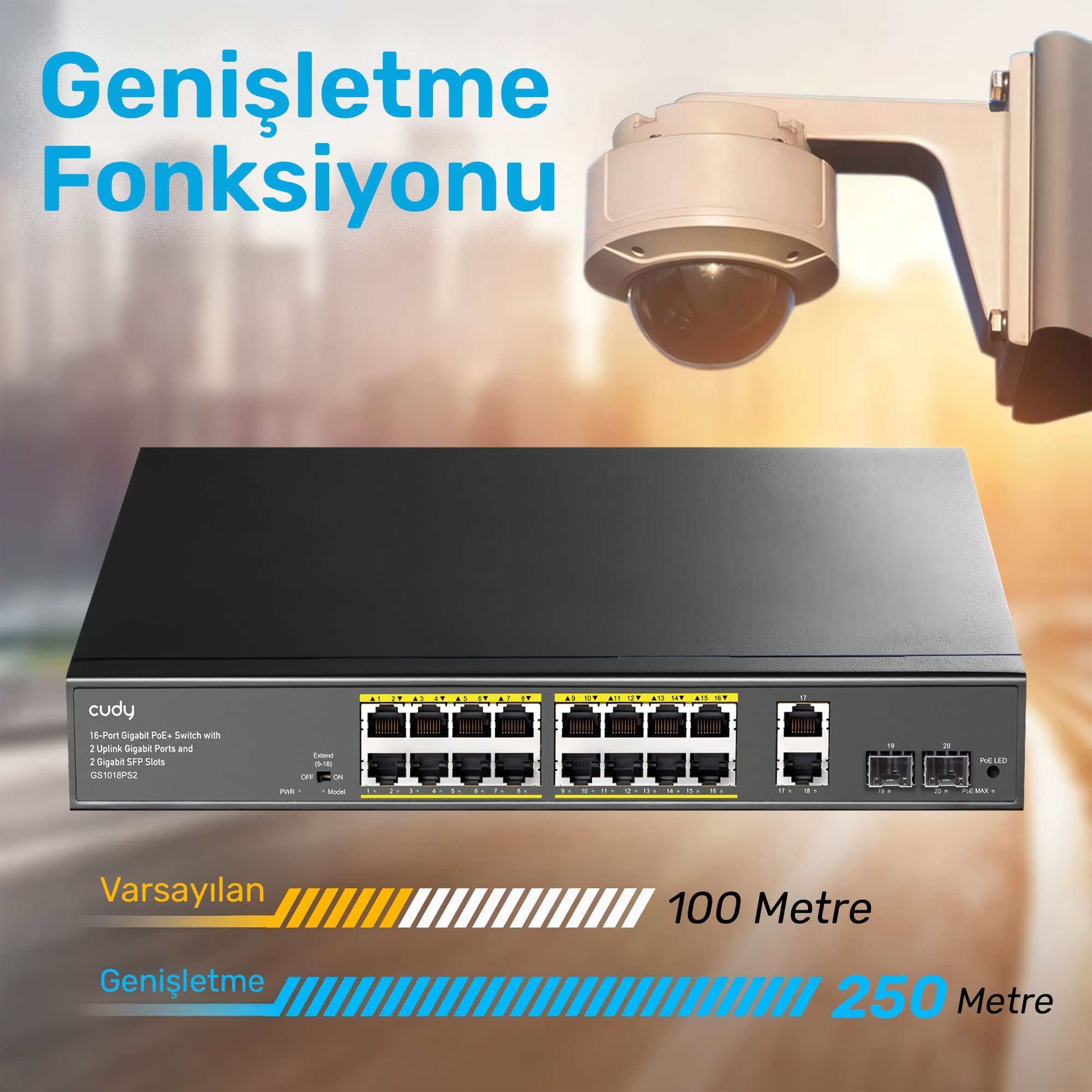 Cudy GS1018PS2 16Port 10/100Mbps Gigabit PoE 2Port Gigabit 200W Metal Masaüstü Switch