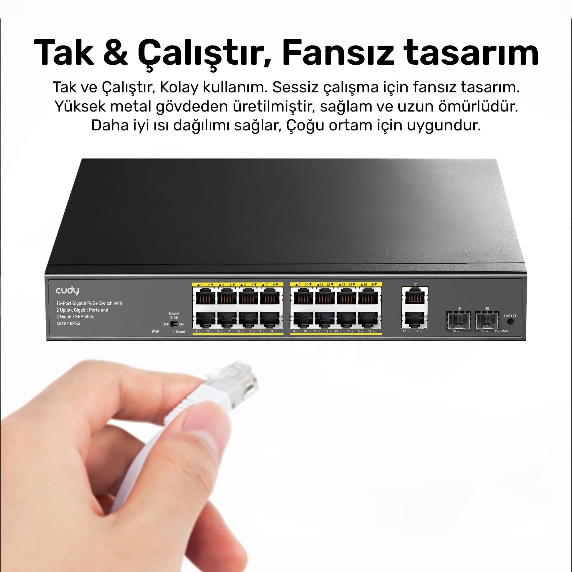 Cudy GS1018PS2 16Port 10/100Mbps Gigabit PoE 2Port Gigabit 200W Metal Masaüstü Switch