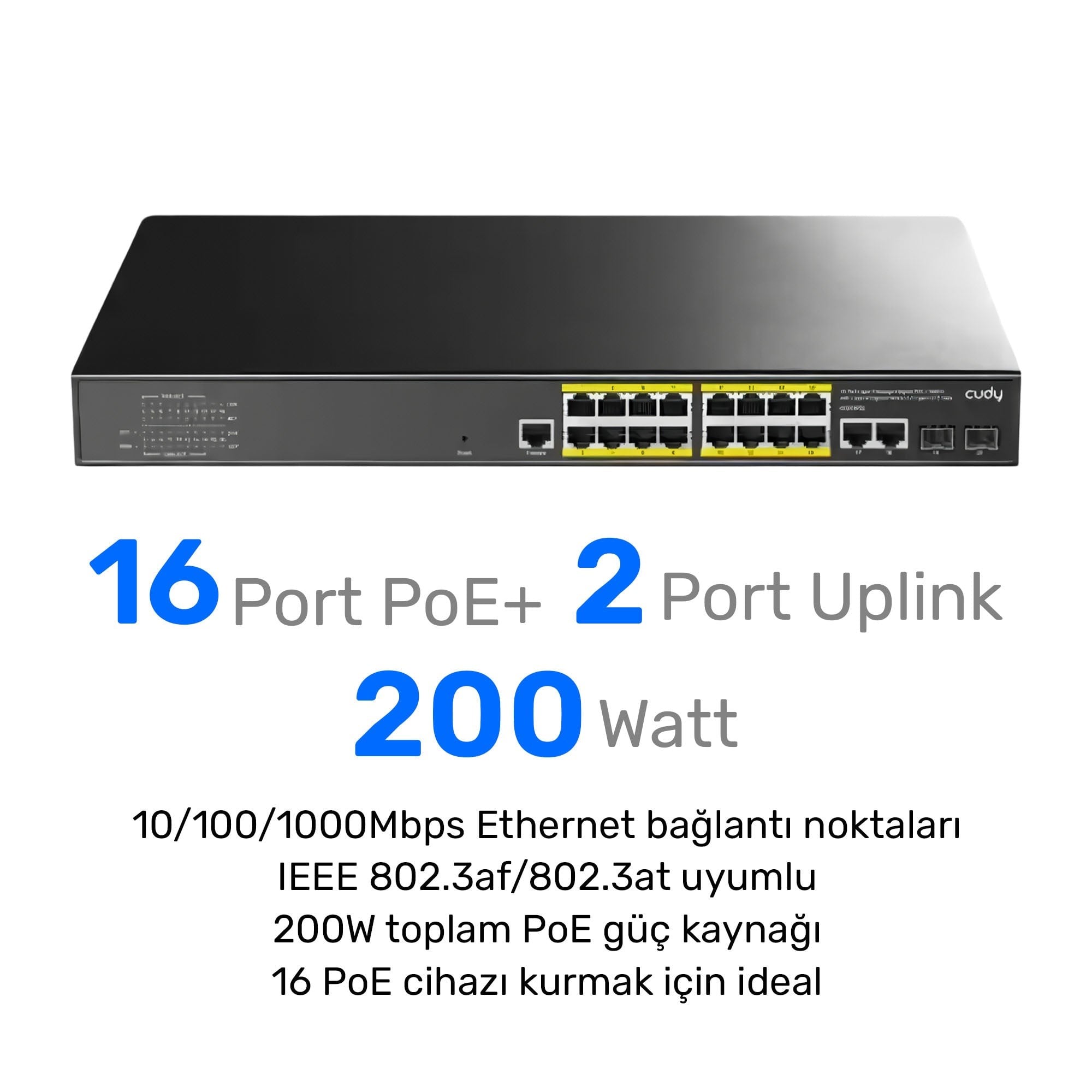 Cudy GS2018PS2 2SFP,2Uplink,1Consol,16 Port L2 Yönetilebilir Gigabit PoE+ Metal Rack Mount Switch