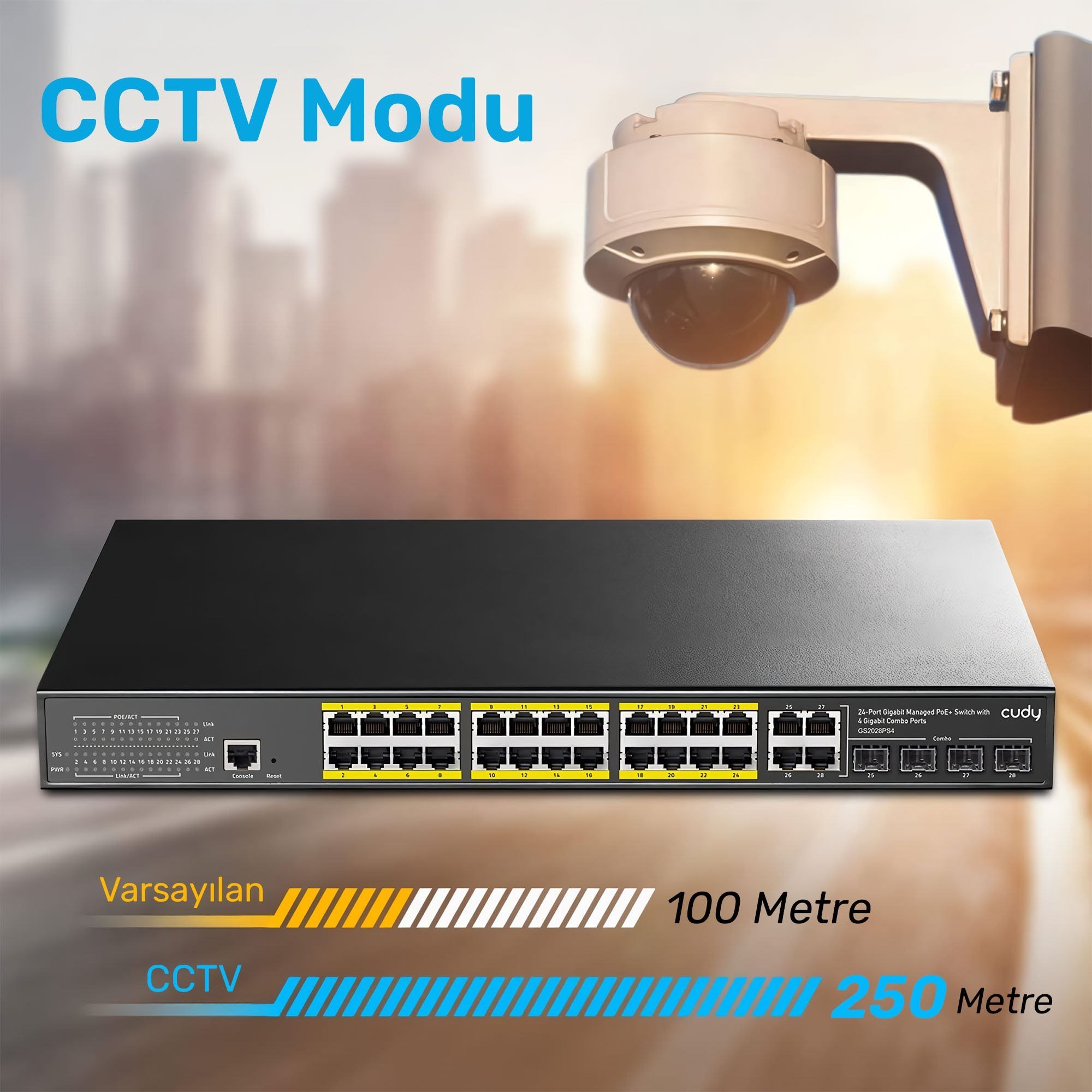 Cudy GS2028PS4 4Combo,1Konson,24 Port Gigabit 400W PoE Yönetilebilir Metal Rack Mount Switch