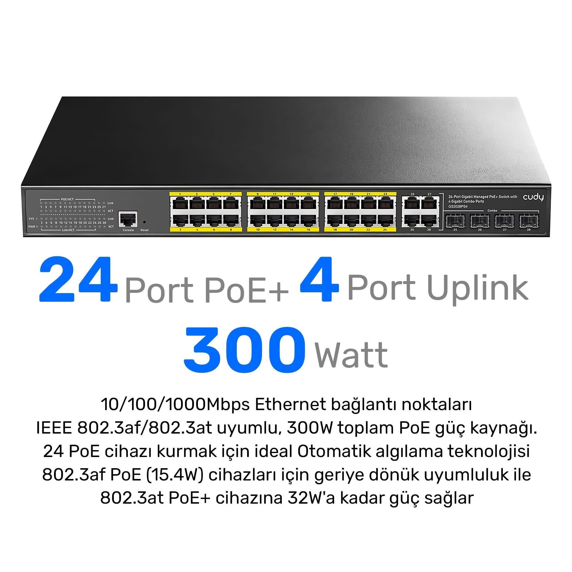 Cudy GS2028PS4 4Port Combo 1 Port Konsol 24Port Gigabit 300wPoE Yönetilebilir Rack Mount Metal Switch