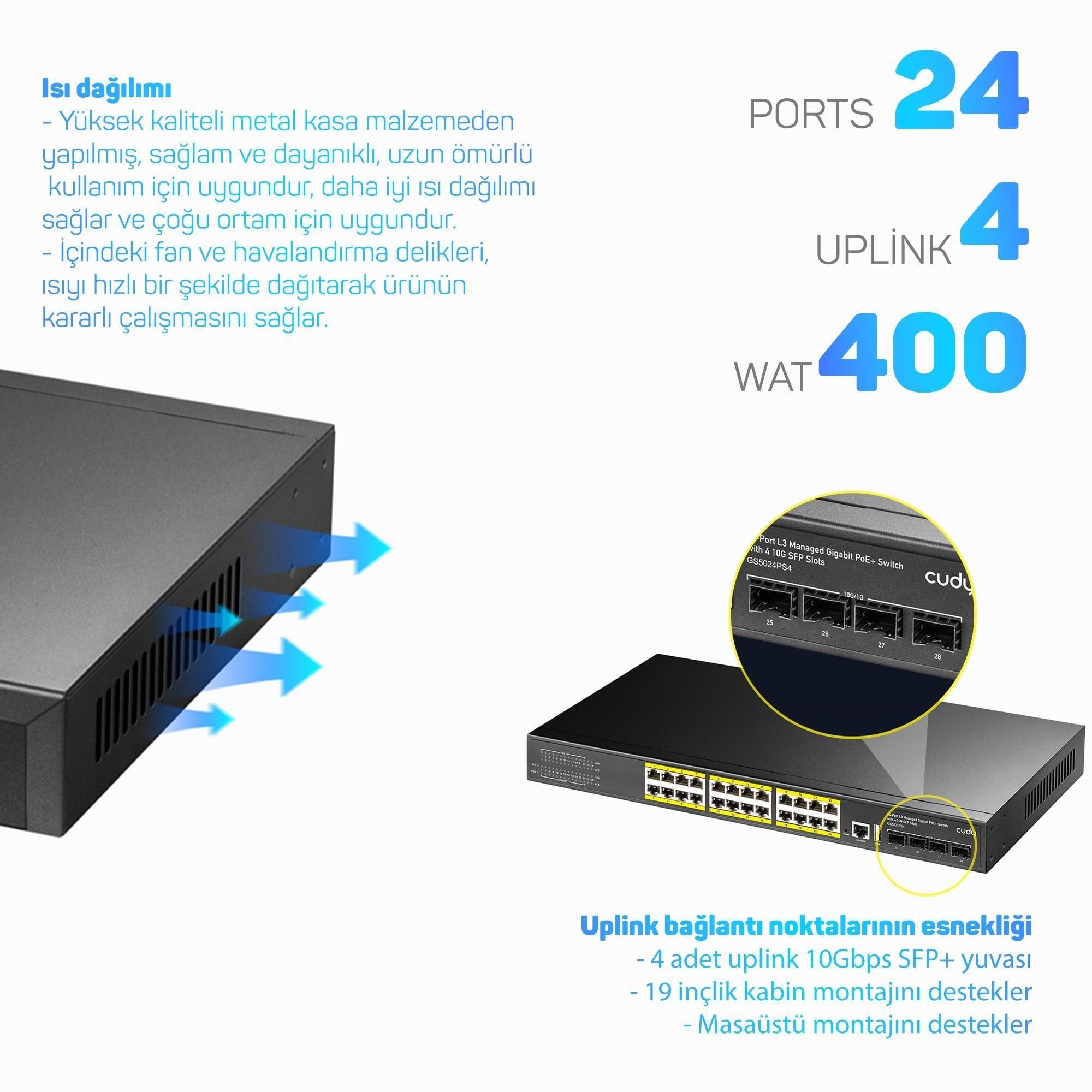 Cudy GS5024PS4 4SFP, USB, RJ45, 2Consol, 24Port Gigabit, L3 400WPoE+ Yönetilebilir Metal Rack Mount Switch