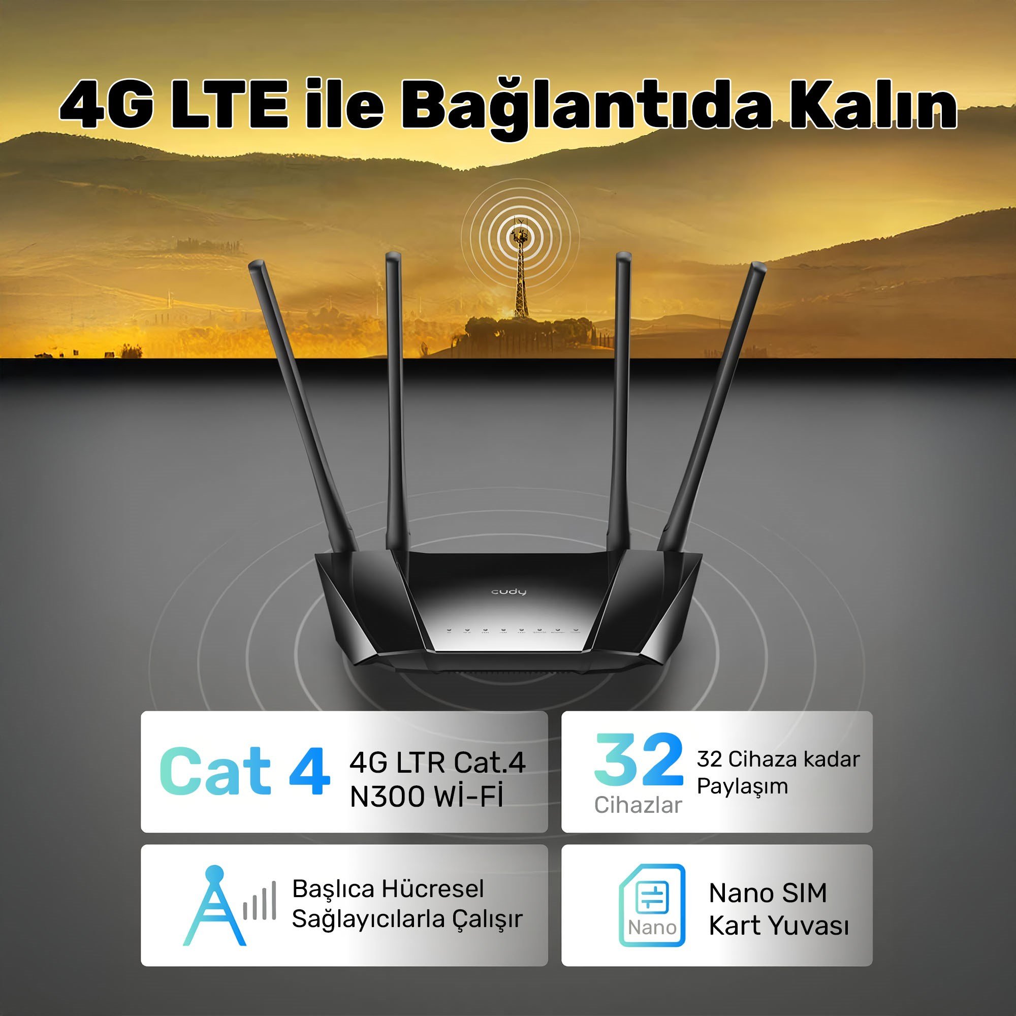 Cudy LT400 2,4GHz 300Mbps, 5GHz 867Mbps, 4 Ports 4G LTE Nono SIM Destekli DDNS Mobile Router