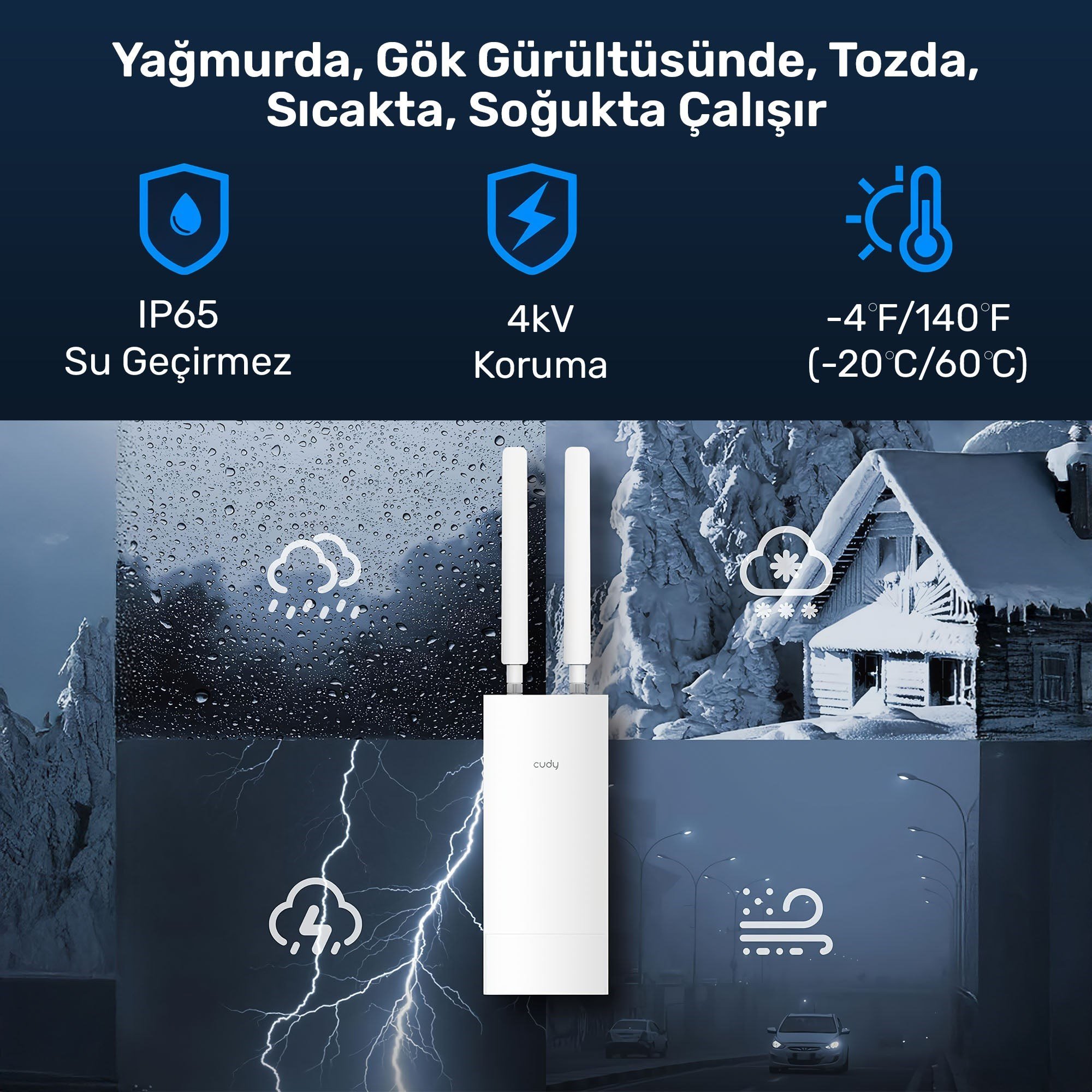 Cudy LT400 2,4GHz/5GHz 1Port Wi-Fi,4G LTE IP65 Nano SIM Destekli Outdoor Mobile Router