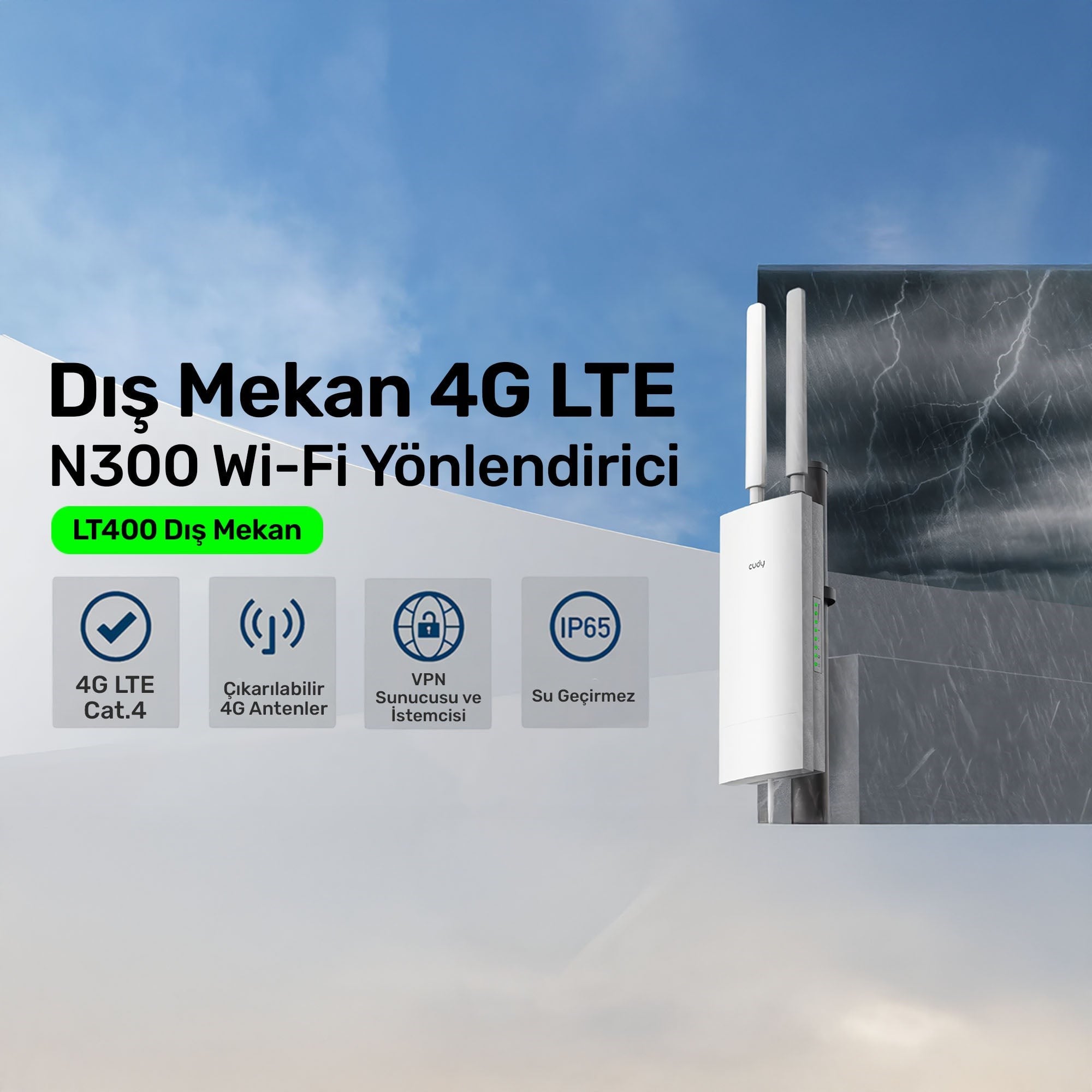 Cudy LT400 2,4GHz/5GHz 1Port Wi-Fi,4G LTE IP65 Nano SIM Destekli Outdoor Mobile Router