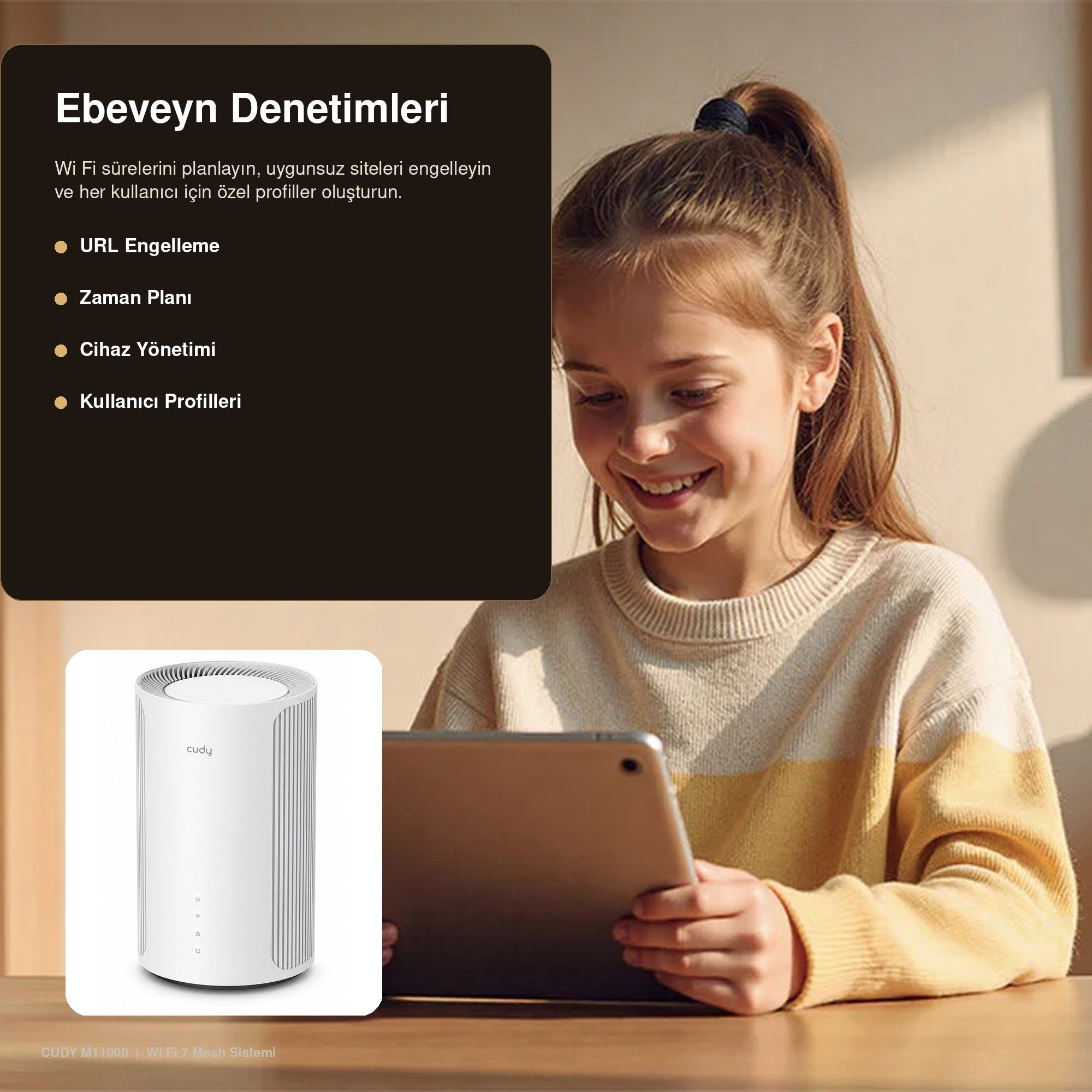 Cudy M11000 BE11000 2.5G Üç Bant Tüm Ev Mesh Wi‑Fi 7 Sistemi 10,7 Gbps 4×2.5G Port MLO 320 MHz 1'li Paket  