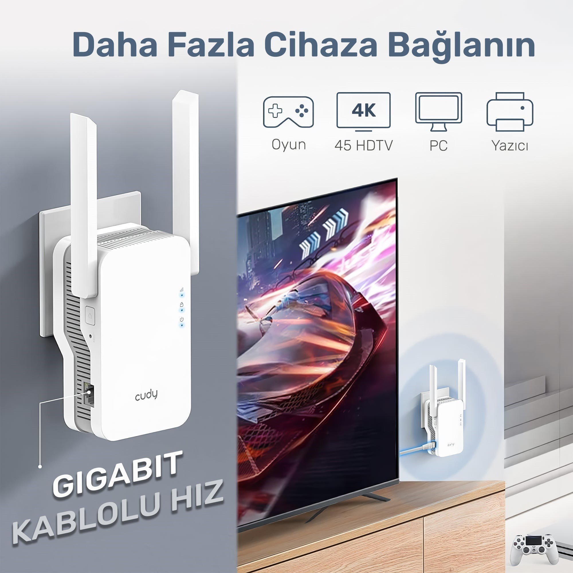 Cudy RE1800 5GHz 1201Mbps, 2.4GHz 574Mbps,Wi-Fi 6 Mesh 2x5dbi Menzil Artırıcı Repeater(AX1800Serisi)