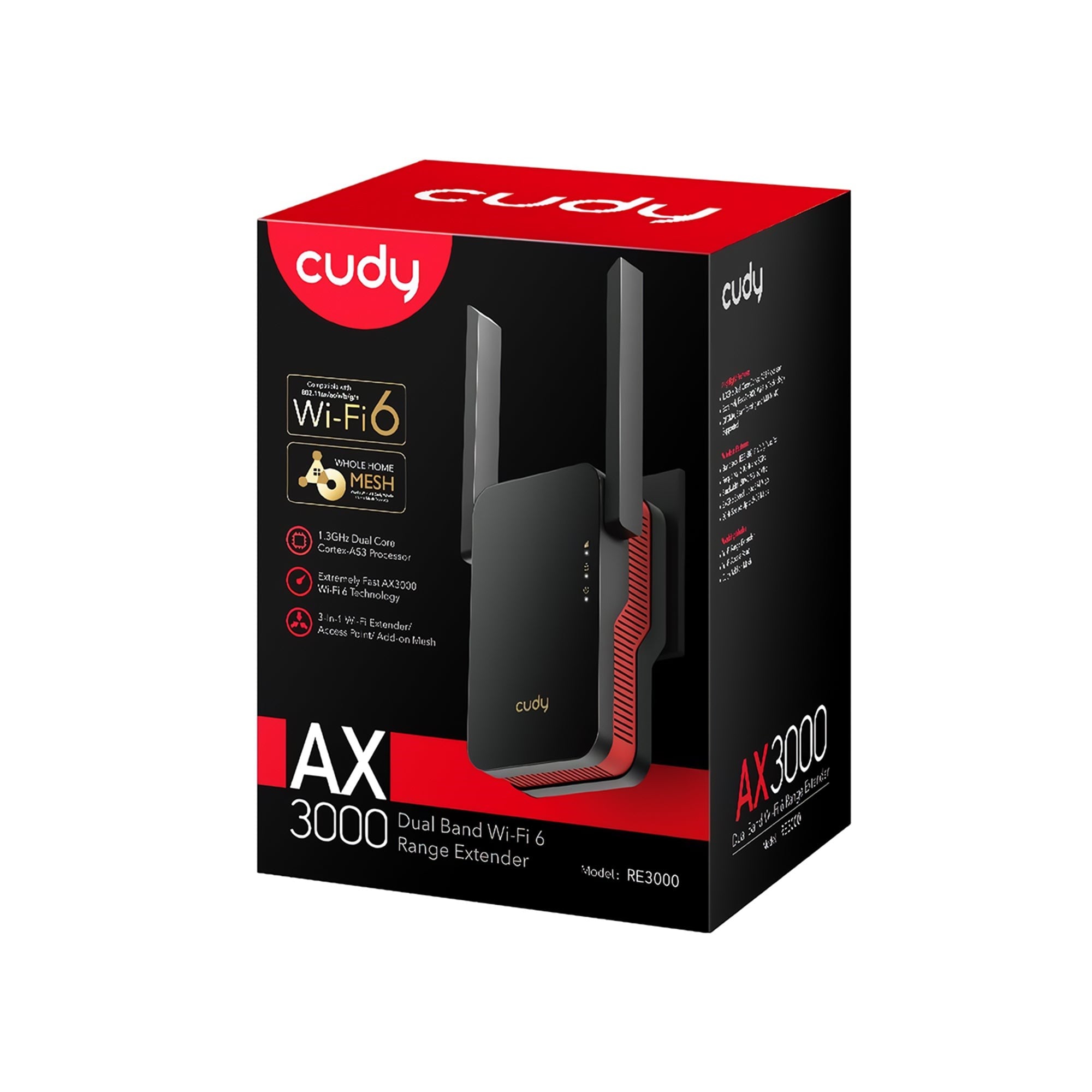 Cudy RE3000 5GHz 2402Mbps, 2.4GHz 574Mbps,Wi-Fi 6 Mesh 2x5dbi Menzil Artırıcı Repeater(AX3000Serisi)