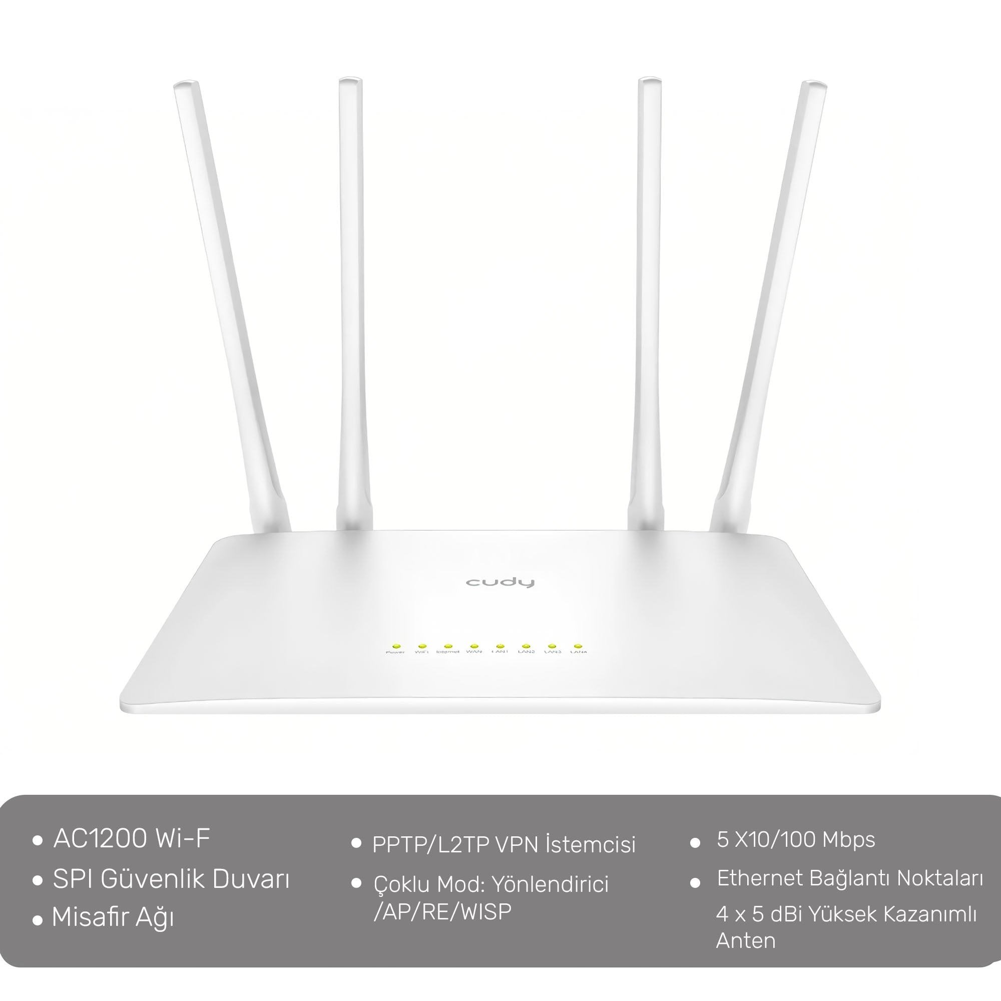 Cudy WR1200 Dual 2.4/5Ghz 4x5dBi Anten 1200Mbps 5 Port Wi-Fi Router(AC1200 Serisi)