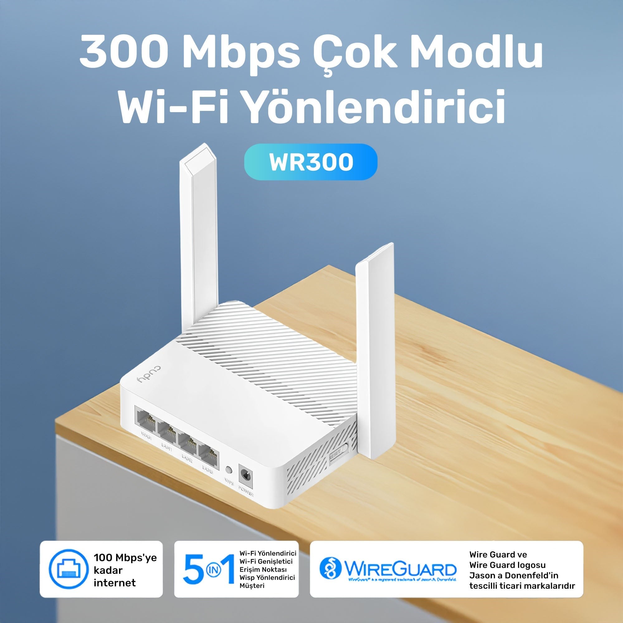 Cudy WR300 Mesh Uyumlu 2.4GHz 300Mbps WireGuard/L2TP/PPTP/VPNClient AP/RE/WISP/Mesh Router (N300)
