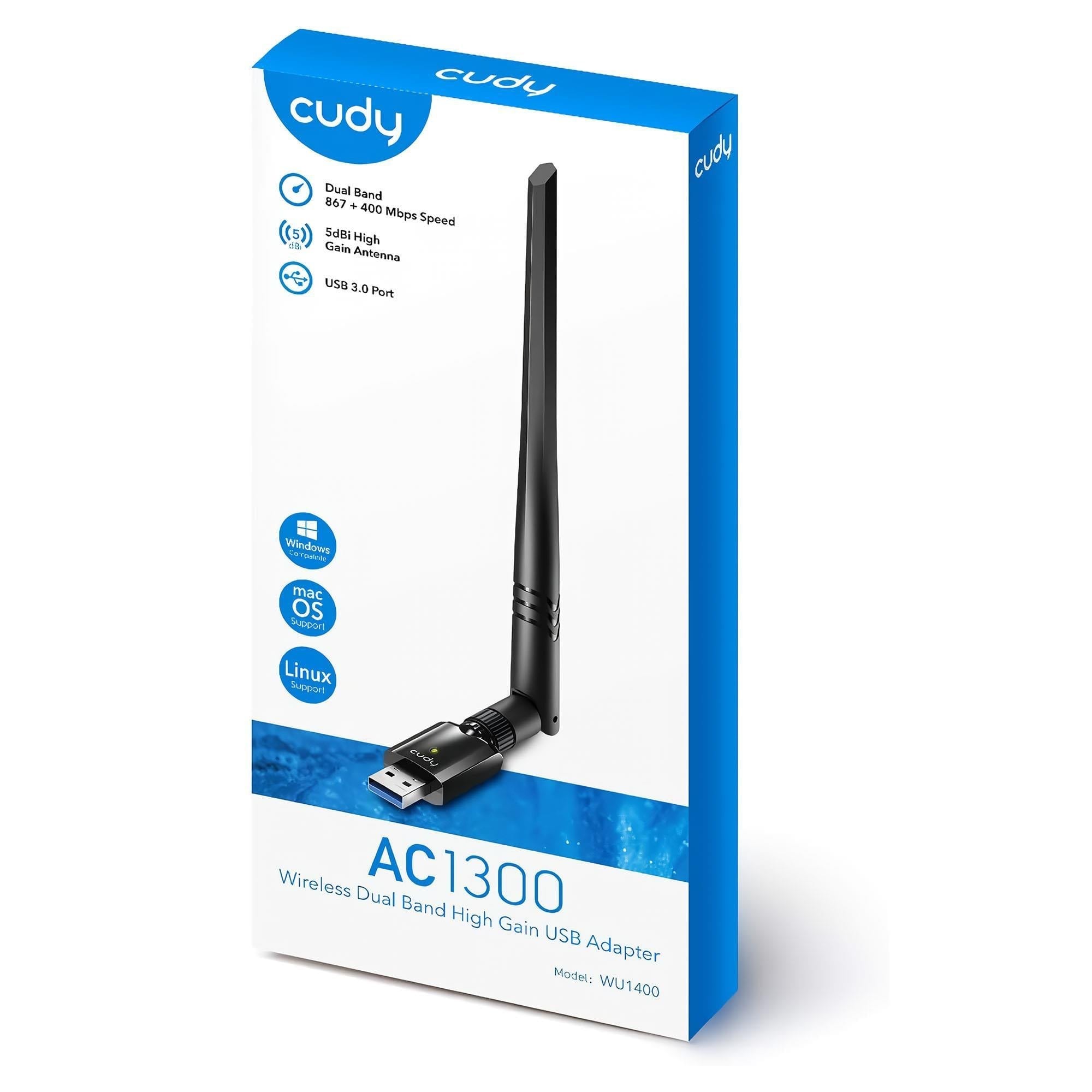 Cudy WU1400 5GHz 867Mbps, 2.4GHz 400Mbps, Wi-Fi USB 3.0 Antenli Adaptör (AC1300 Serisi)