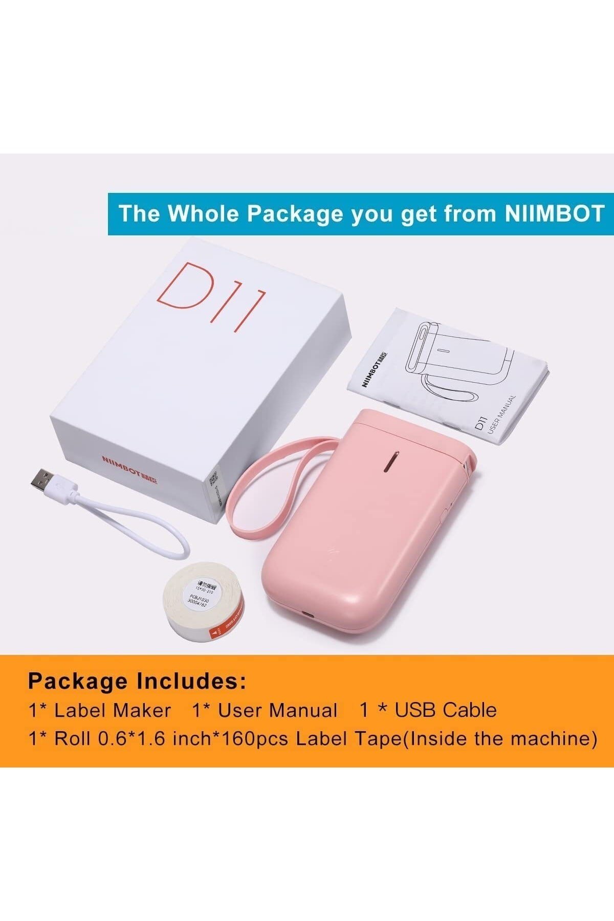 D11 Etiket Makinesi Kablosuz Taşınabilir Termal Bluetooth - Usb Şarjlı Pembe