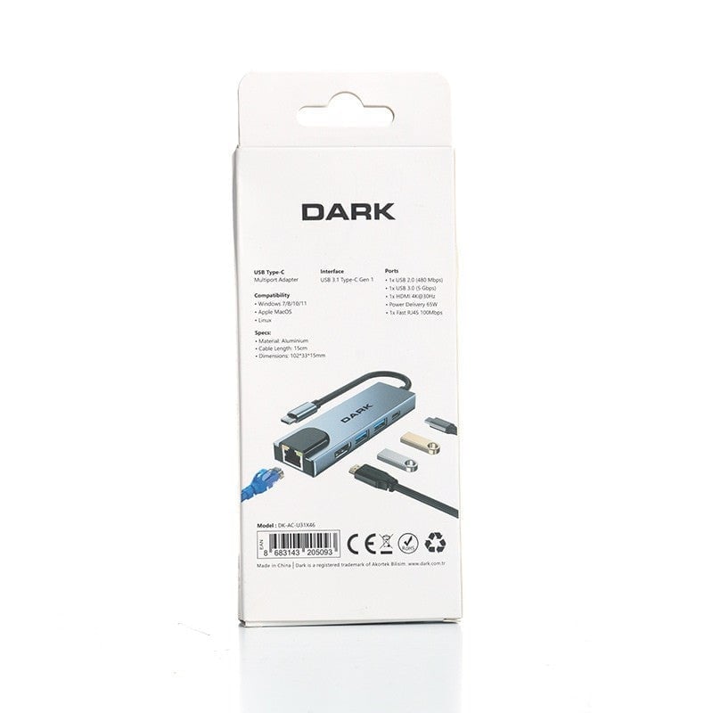 Dark DK-AC-U31X46 5in1 USB-C Hub Type-C to HDMI Ethernet USB 3.0 65W PD MacBook