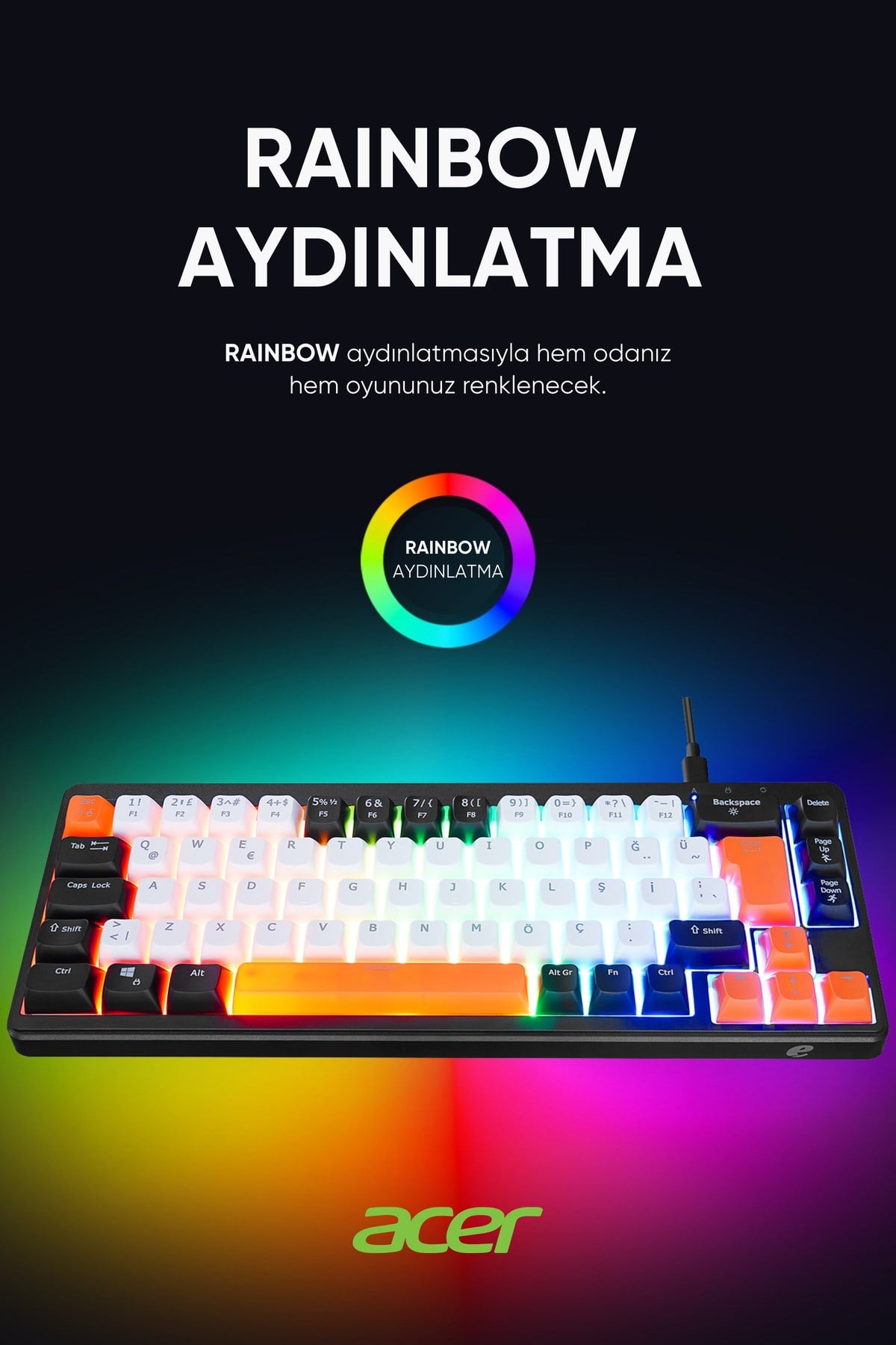 eMachines EAK810 Oyuncu Klavyesi Rainbow Aydınlatma Mini Klavye Türkçe Q Gaming Klavye Siyah