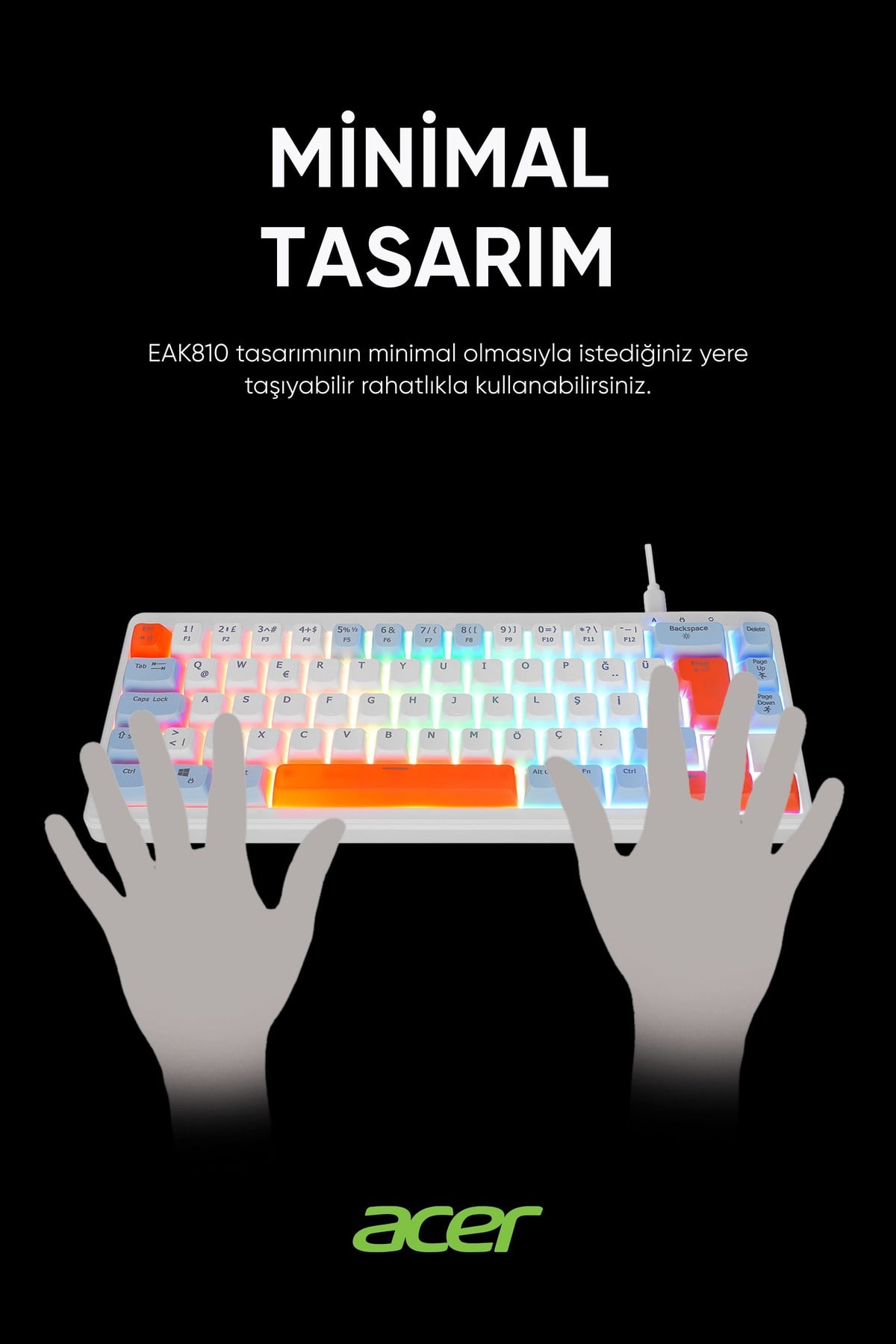 eMachines EAK810 Oyuncu Klavyesi Rainbow Aydınlatma Mini Klavye Türkçe Q Gaming Klavye Beyaz
