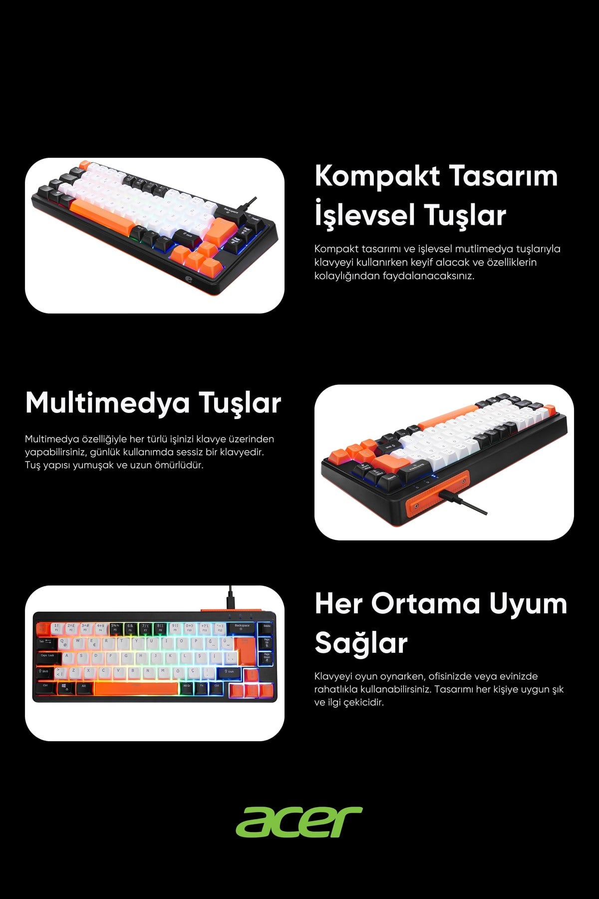 eMachines EAK810 Oyuncu Klavyesi Rainbow Aydınlatma Mini Klavye Türkçe Q Gaming Klavye Siyah